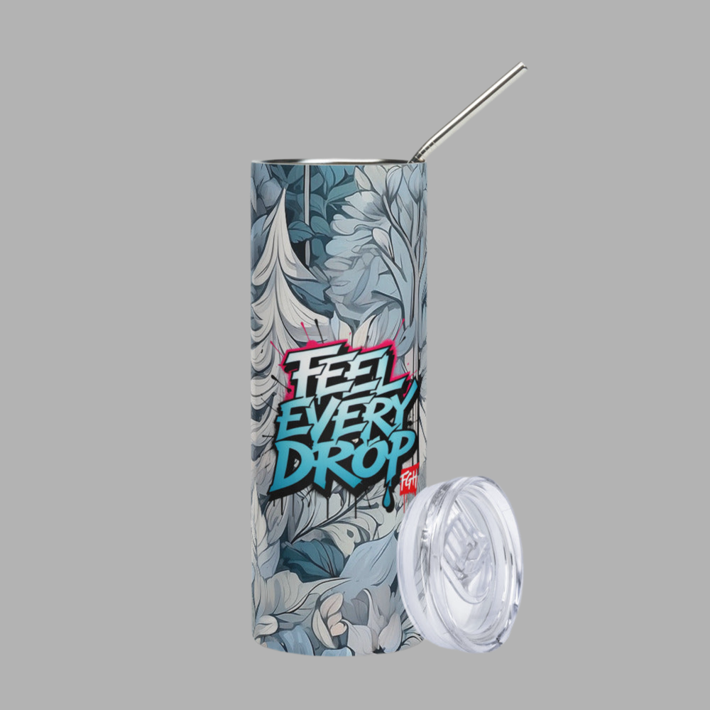 “FGH stainless steel tumbler with graffiti design ‘Feel Every Drop’, premium drinkware for hot and cold drinks”