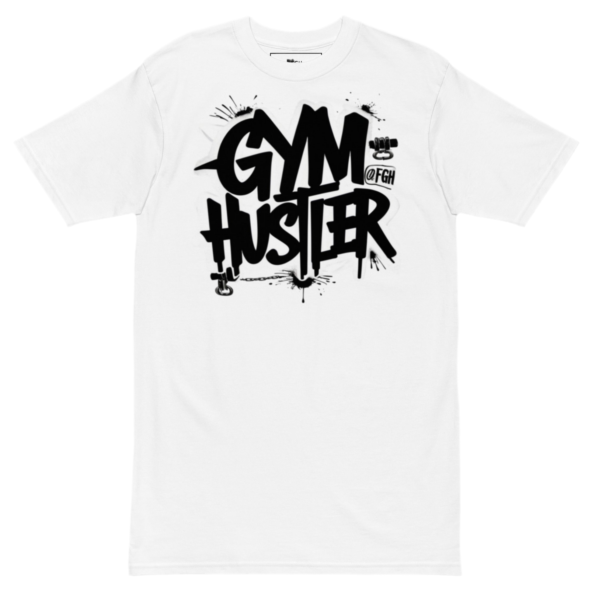 Premium white Gym Hustler T-shirt with bold Beastmode bear backprint and street-art style front tag – heavyweight unisex cotton fit