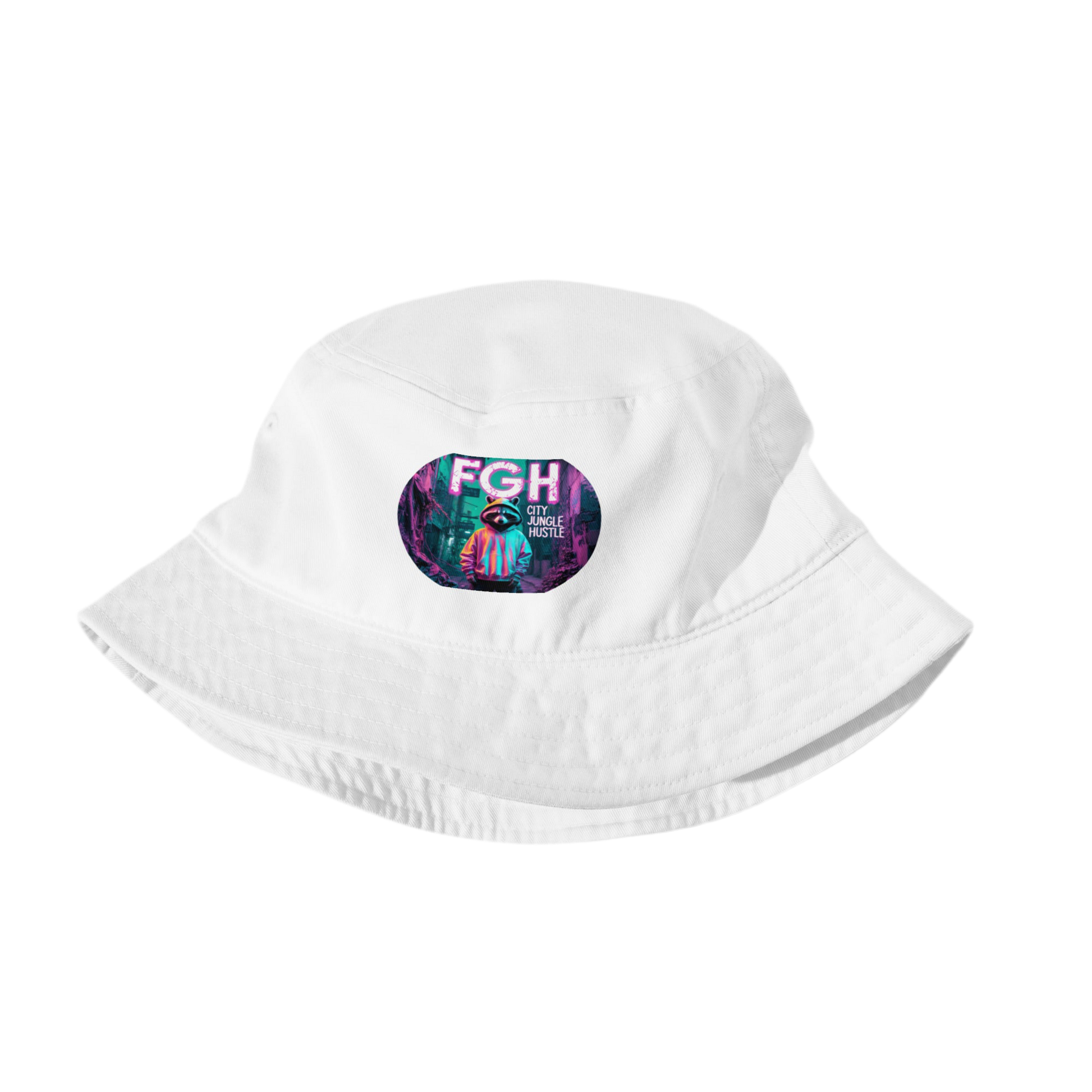 white “FGH Raccoon” organic bucket hat featuring vibrant graffiti embroidery and jungle-inspired urban streetwear design – FGH Collective exclusive.
