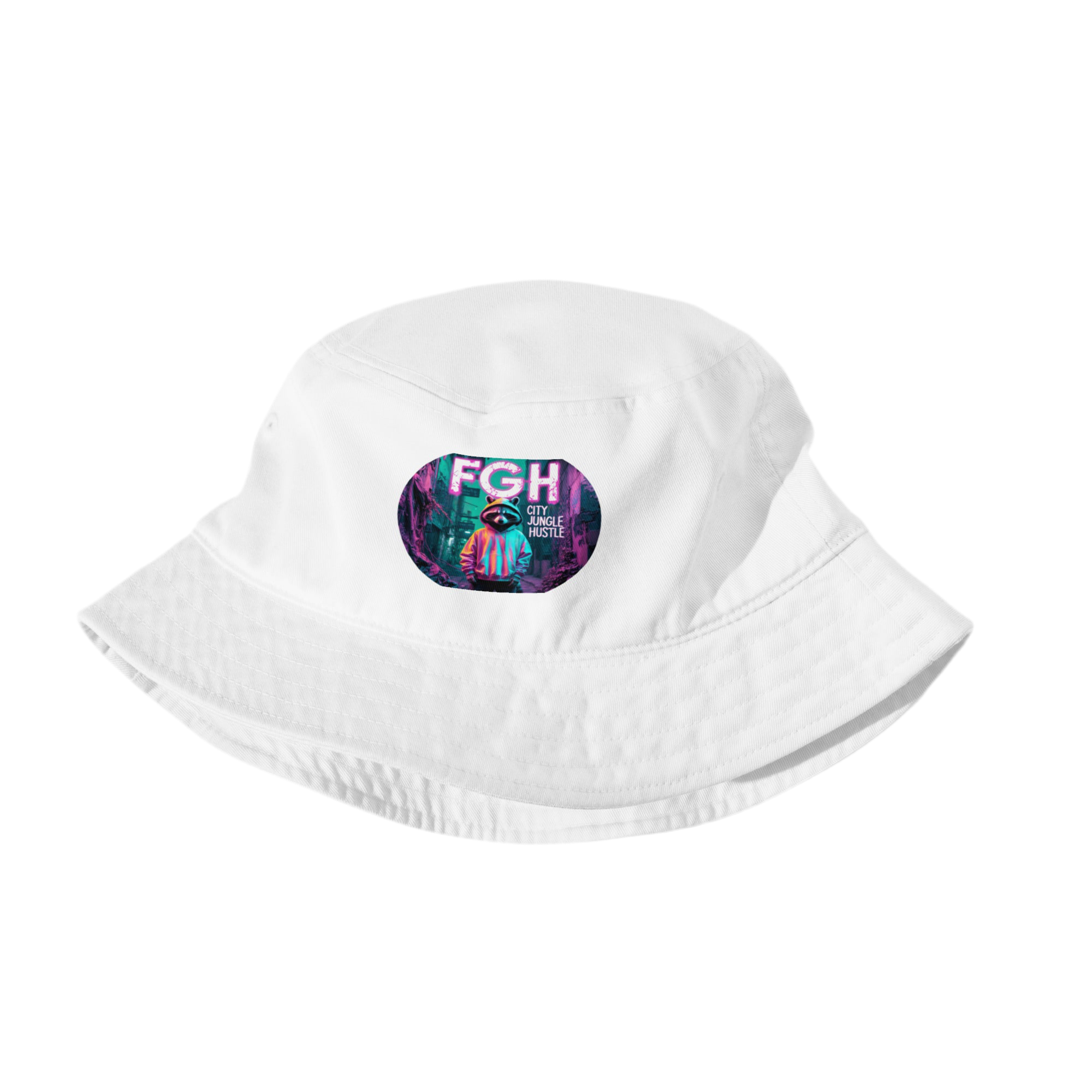 white “FGH Raccoon” organic bucket hat featuring vibrant graffiti embroidery and jungle-inspired urban streetwear design – FGH Collective exclusive.