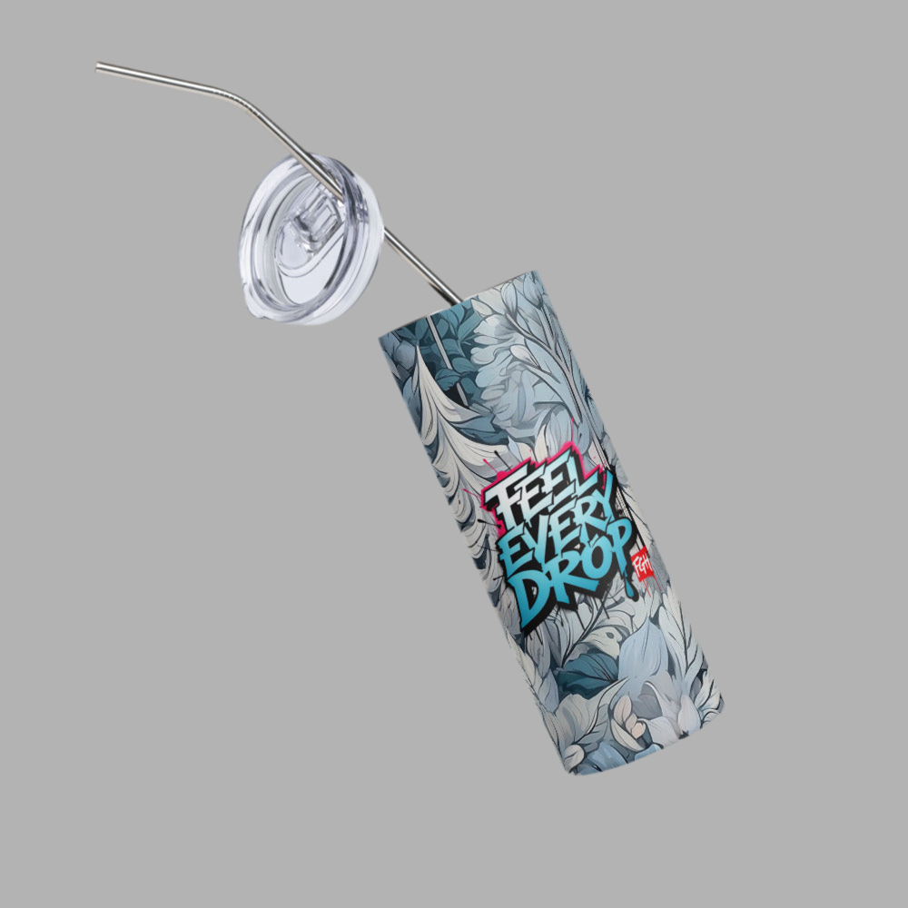 “FGH stainless steel tumbler with graffiti design ‘Feel Every Drop’, premium drinkware for hot and cold drinks”