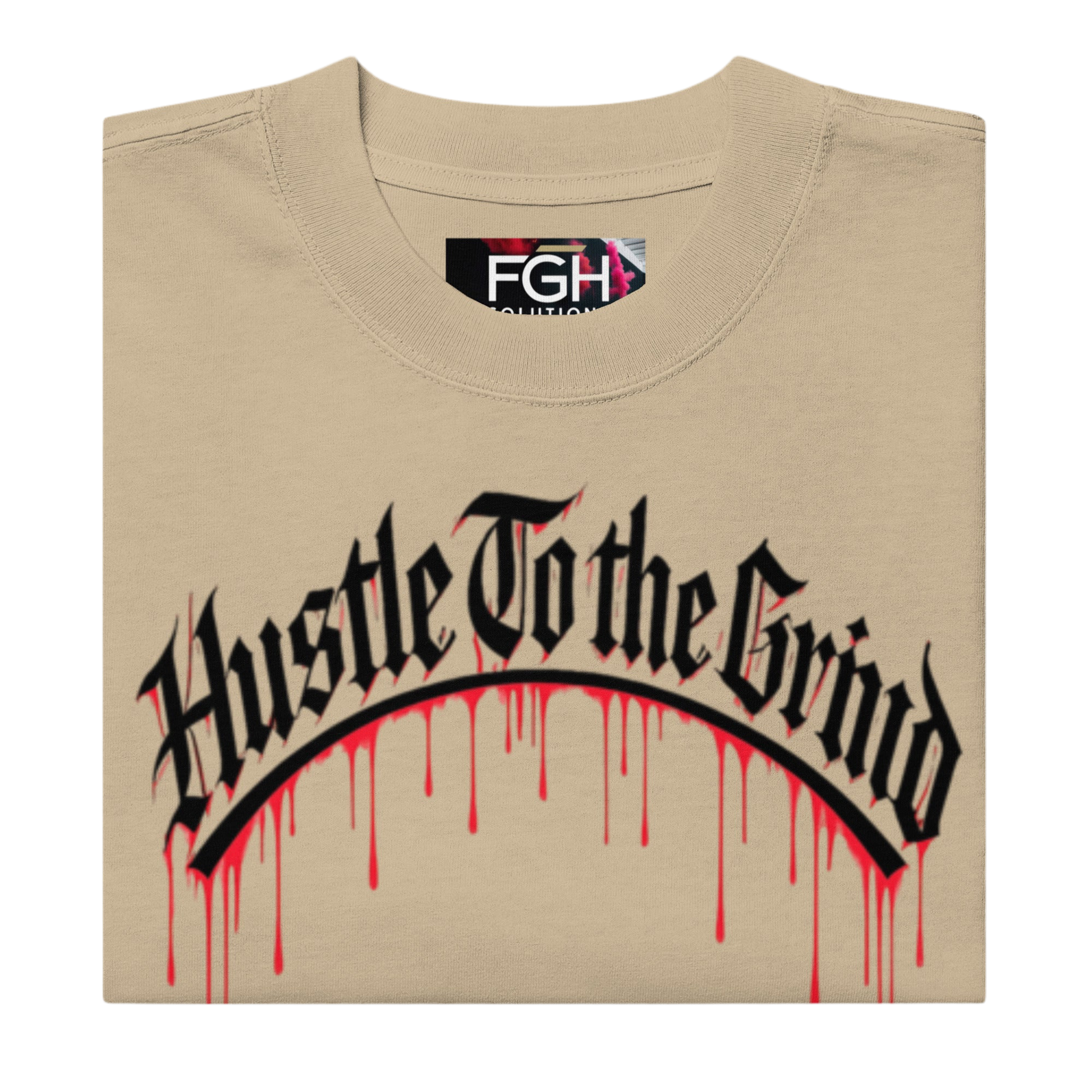 Oversized unisex T-shirt in faded bone color, featuring “Hustle to the Grind” streetwear graphic.