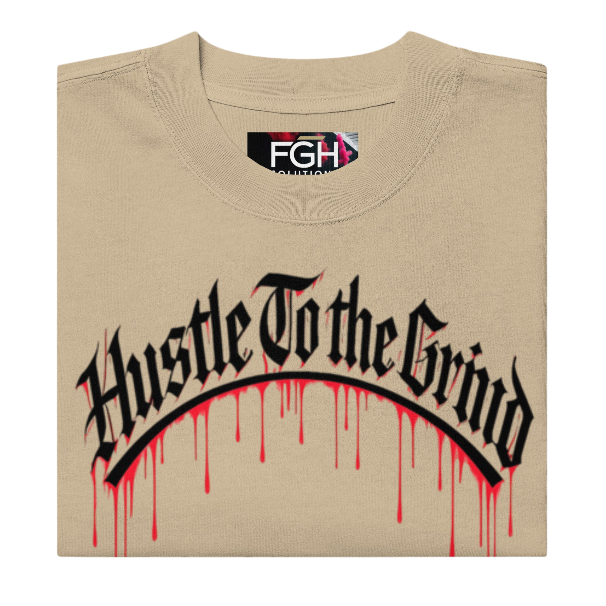 Oversized unisex T-shirt in faded bone color, featuring “Hustle to the Grind” streetwear graphic.