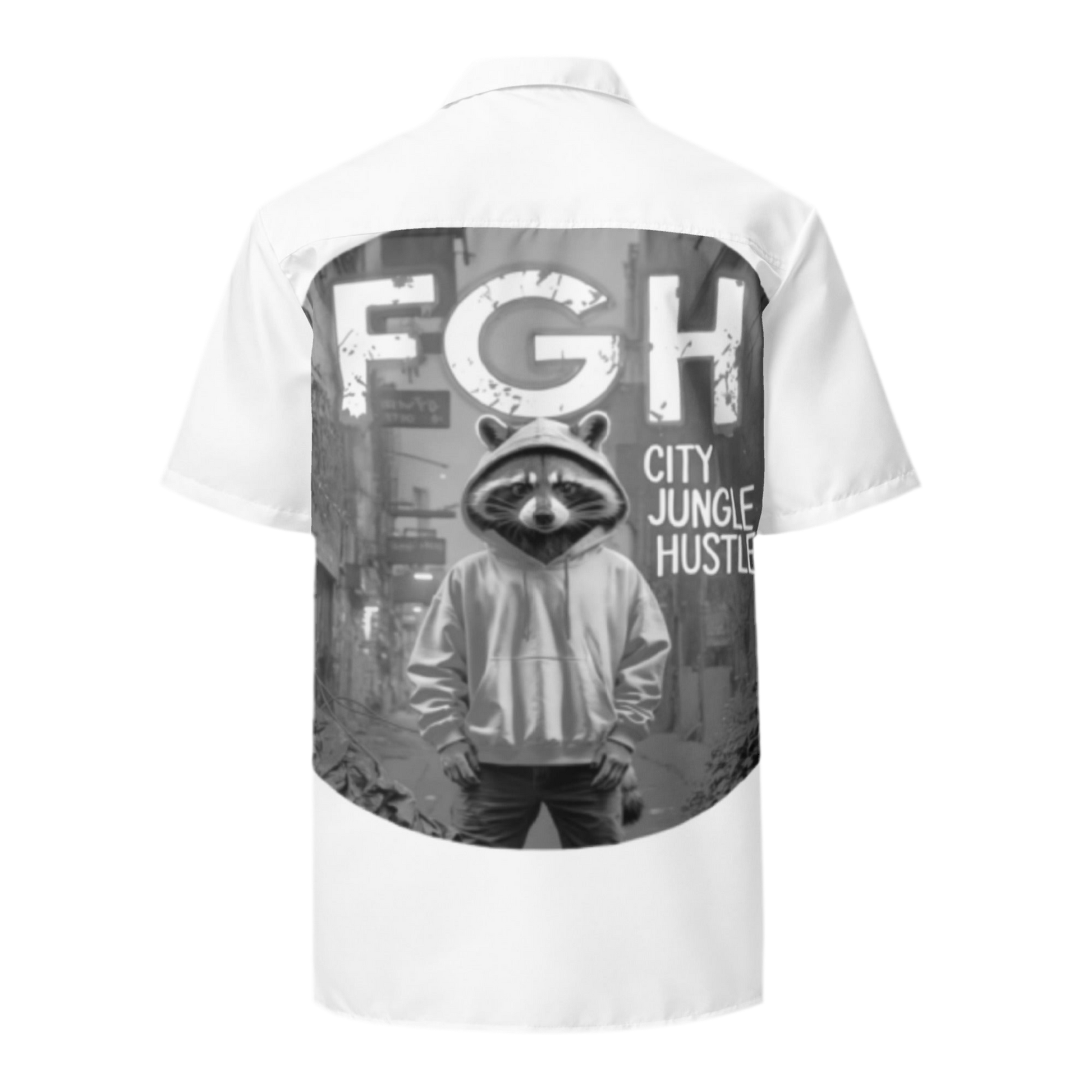 Limited edition Urban Raccoon Jungle Hustle button-up shirt, summer beach tee with graffiti design.