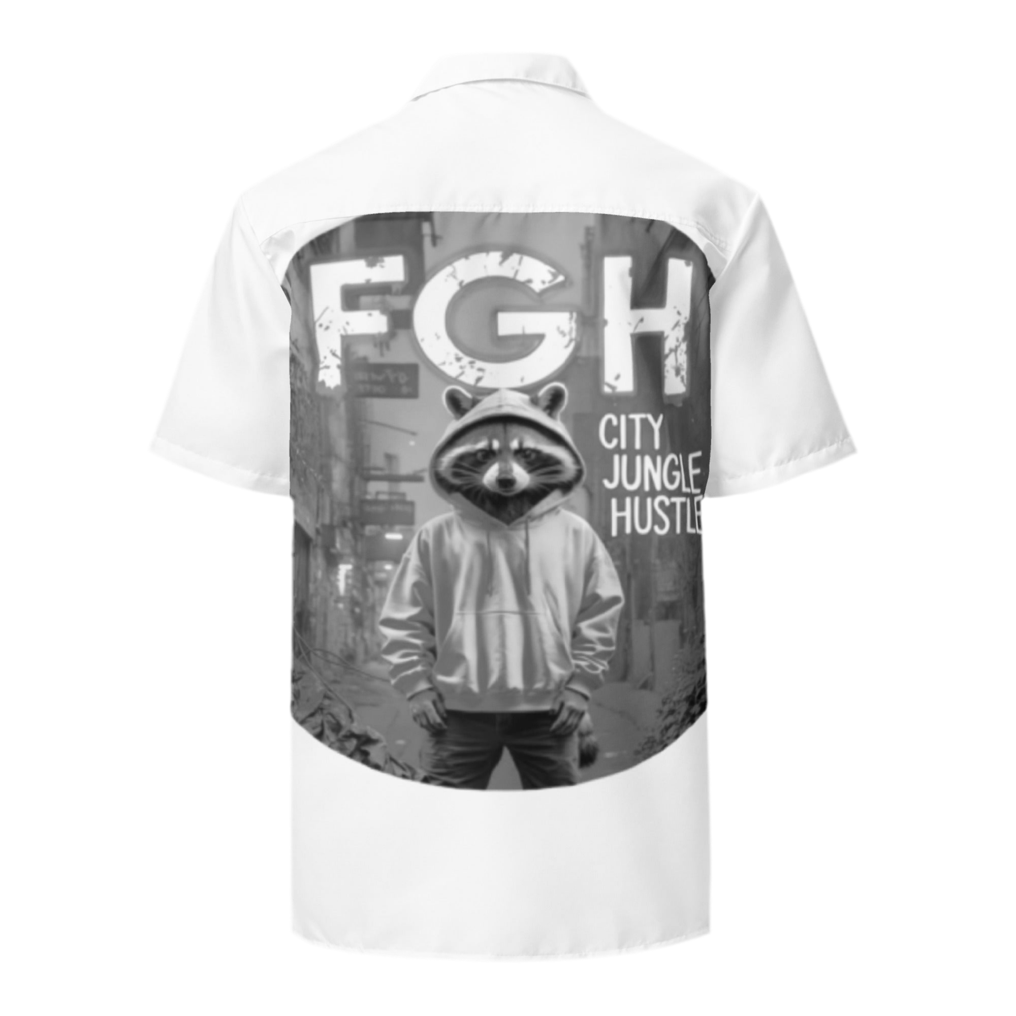 Limited edition Urban Raccoon Jungle Hustle button-up shirt, summer beach tee with graffiti design.