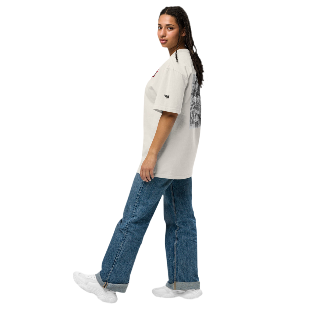 Beige oversized faded cotton t-shirt with backprint ‘Vatos Locos Forever – Blood in Blood Out Worldwide’ inspired by 90s cult streetwear