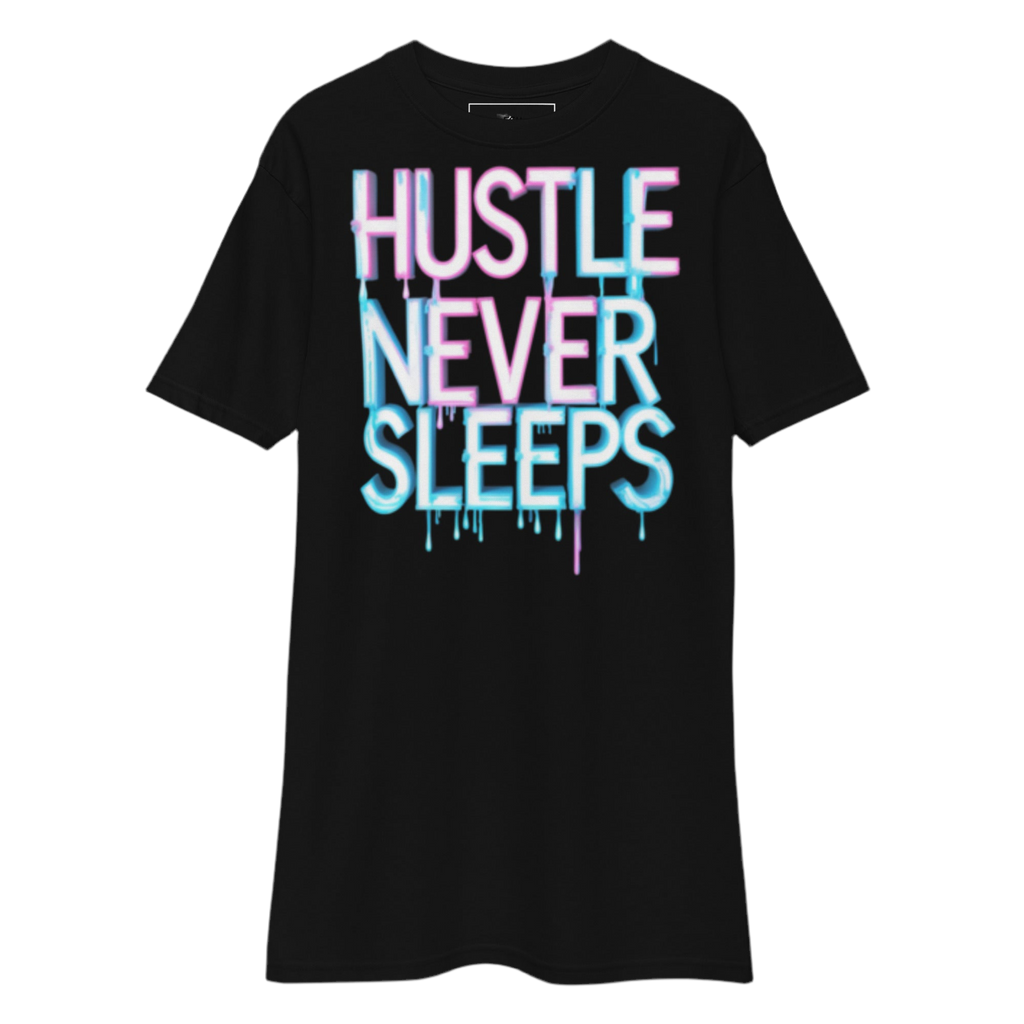 Hustle Never Sleeps T-shirt in heavyweight cotton with graffiti print, urban streetwear by FGH Collective.