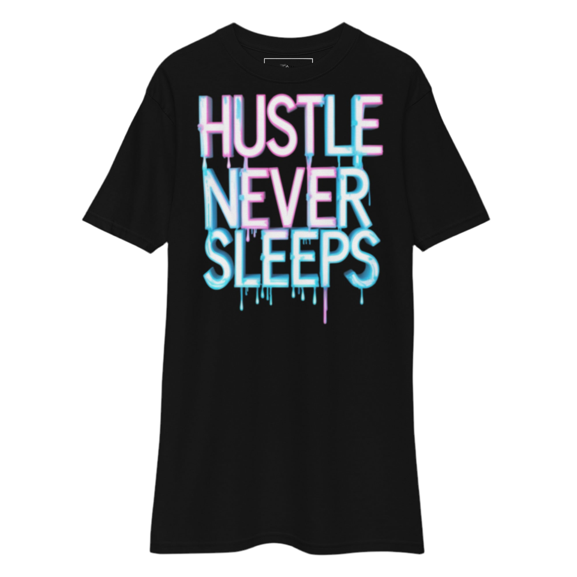 Hustle Never Sleeps T-shirt in heavyweight cotton with graffiti print, urban streetwear by FGH Collective.