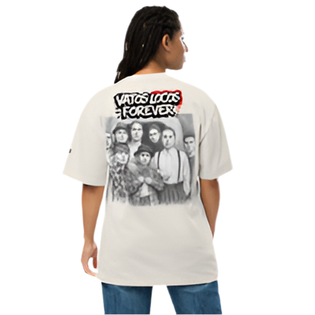 Beige oversized faded cotton t-shirt with backprint ‘Vatos Locos Forever – Blood in Blood Out Worldwide’ inspired by 90s cult streetwear.