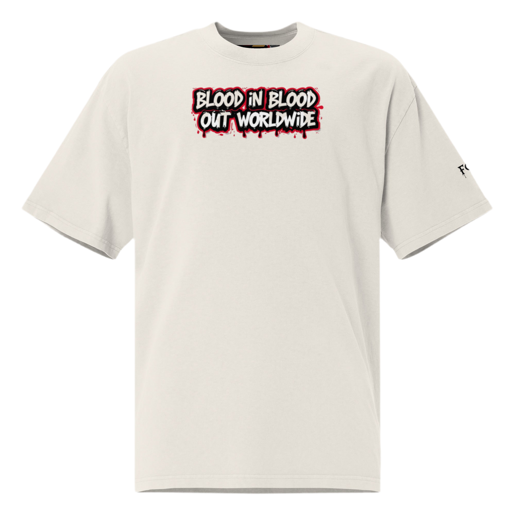 Beige oversized faded cotton t-shirt with backprint ‘Vatos Locos Forever – Blood in Blood Out Worldwide’ inspired by 90s cult streetwear