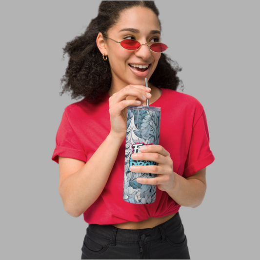 “FGH stainless steel tumbler with graffiti design ‘Feel Every Drop’, premium drinkware for hot and cold drinks”