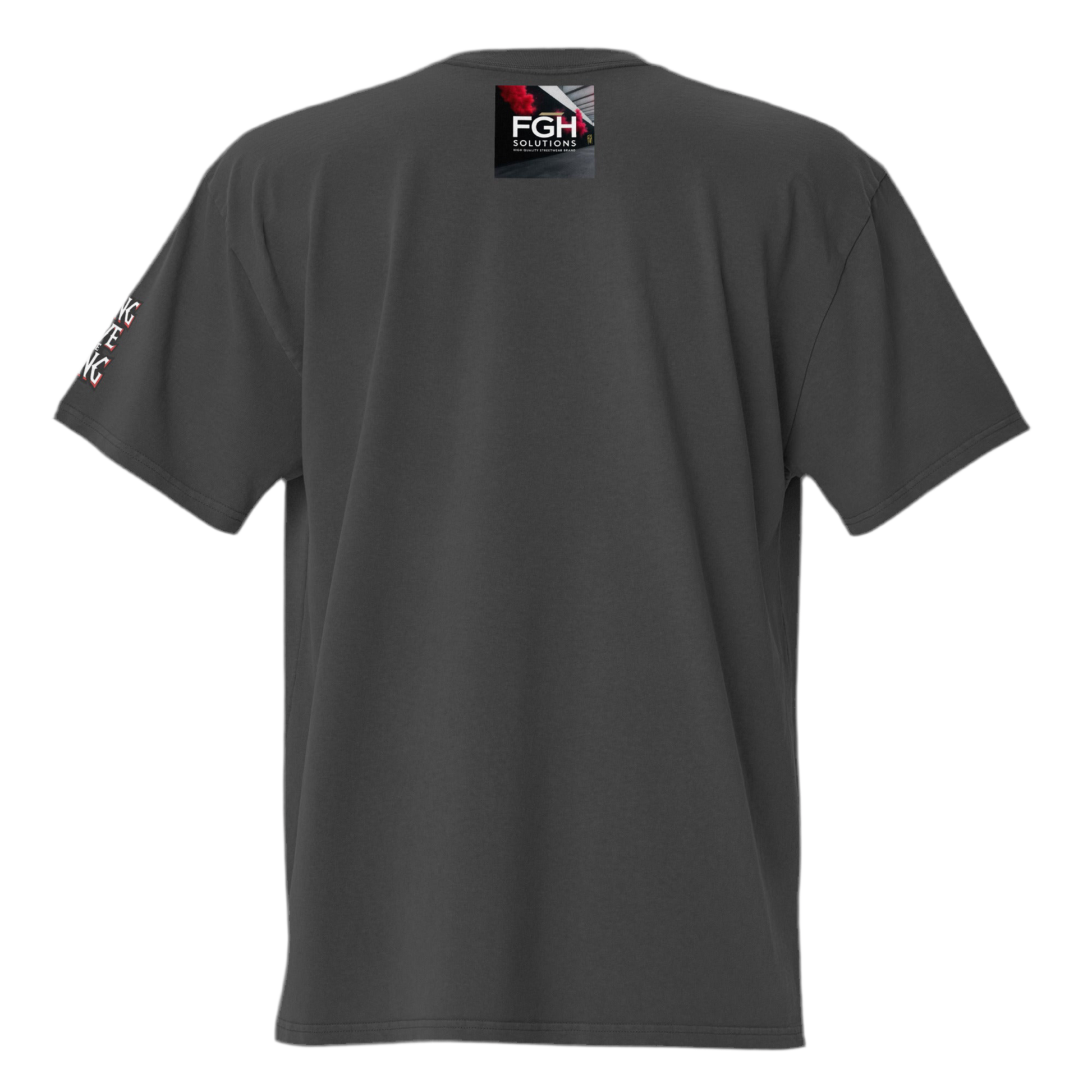 oversized gothic-style t-shirt featuring a crowned skeleton king on a throne with the graffiti text “Long Live The King” in red, white, and black