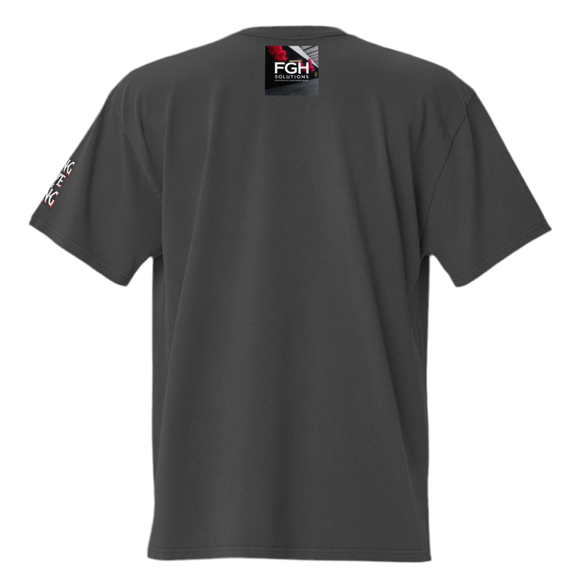 oversized gothic-style t-shirt featuring a crowned skeleton king on a throne with the graffiti text “Long Live The King” in red, white, and black