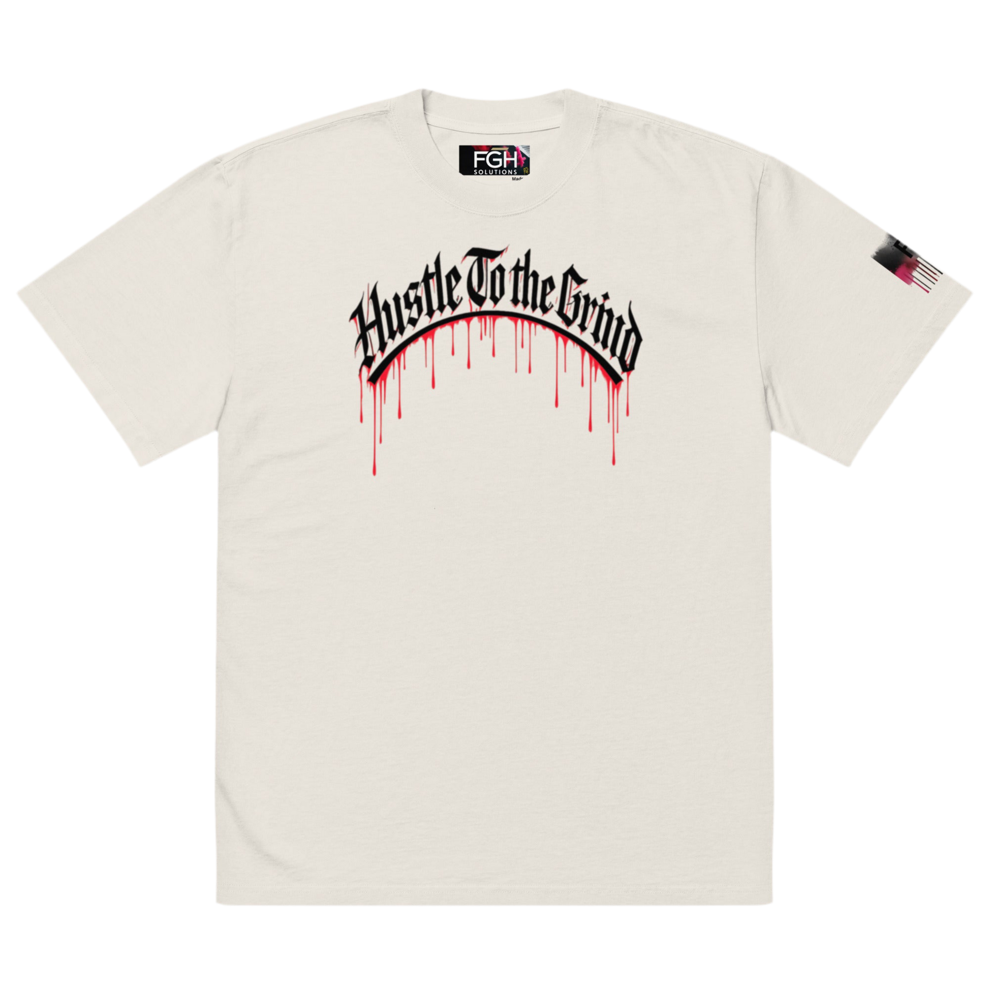 Oversized unisex “Hustle To the Grind” T-shirt in faded white, showcasing urban graffiti streetwear design.