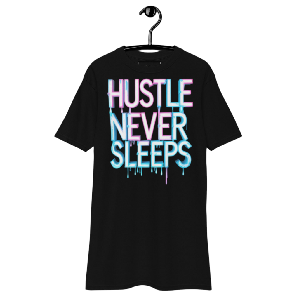 Hustle Never Sleeps T-shirt in heavyweight cotton with graffiti print, urban streetwear by FGH Collective.