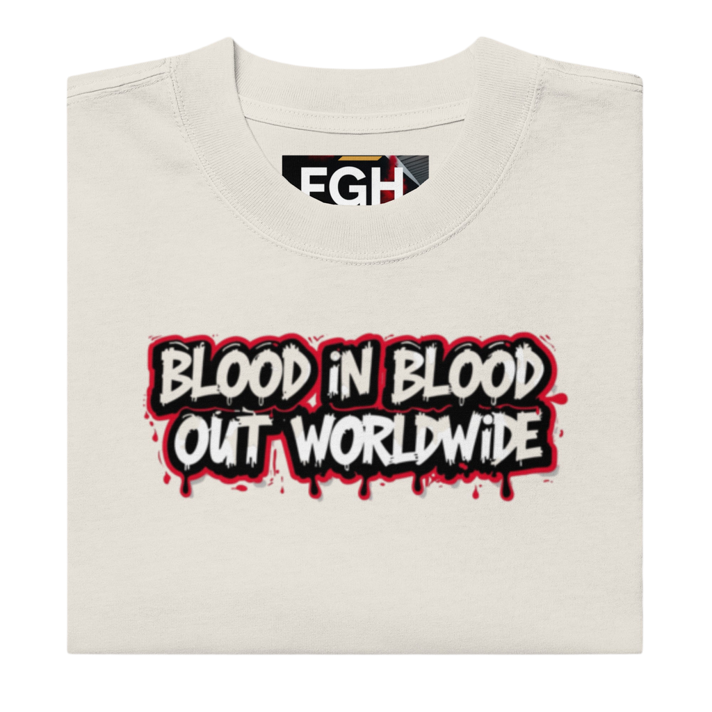 Beige oversized faded cotton t-shirt with backprint ‘Vatos Locos Forever – Blood in Blood Out Worldwide’ inspired by 90s cult streetwear