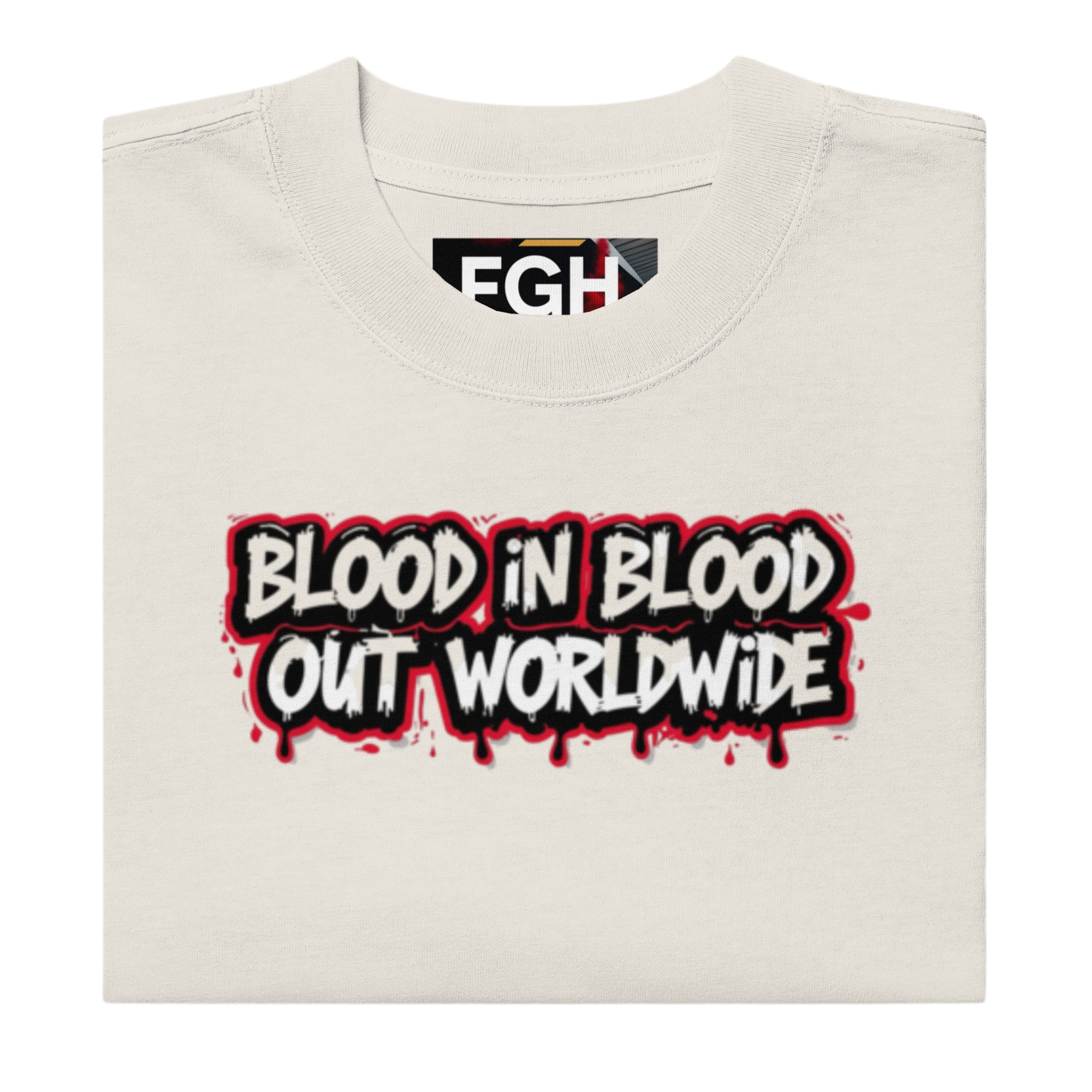 Beige oversized faded cotton t-shirt with backprint ‘Vatos Locos Forever – Blood in Blood Out Worldwide’ inspired by 90s cult streetwear
