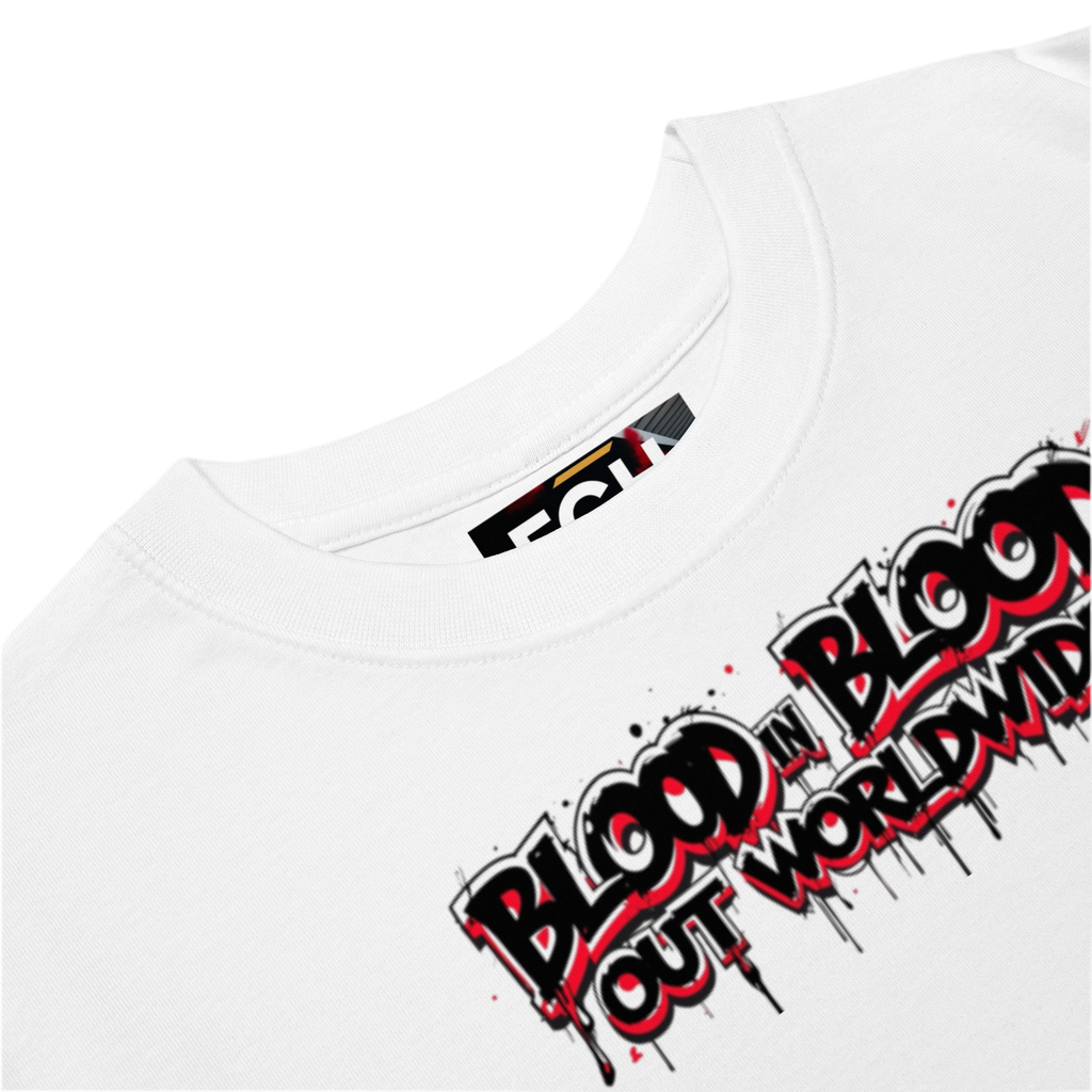 White heavyweight cotton tee with bold black and red graffiti text ‘Vatos Locos Forever – Blood in Blood Out Worldwide’ inspired by 90s cult movie
