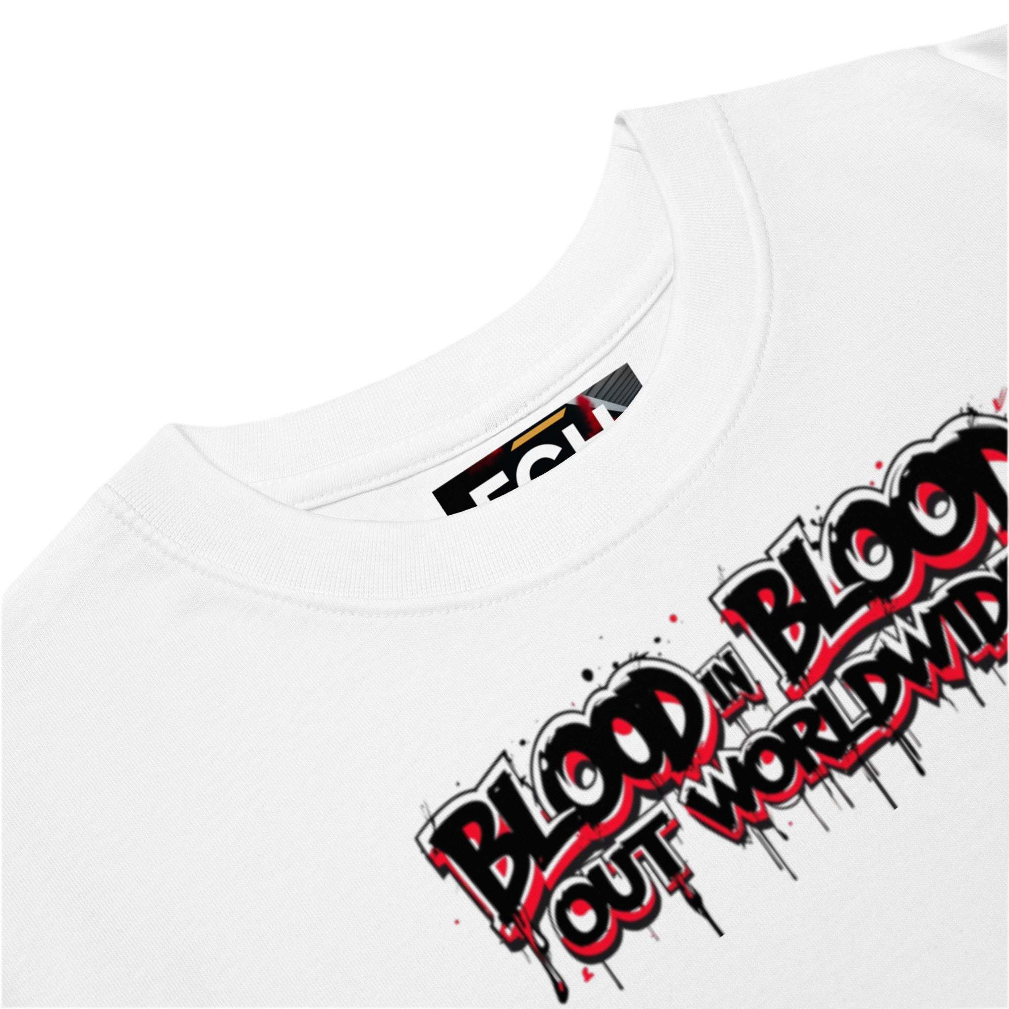 White heavyweight cotton tee with bold black and red graffiti text ‘Vatos Locos Forever – Blood in Blood Out Worldwide’ inspired by 90s cult movie