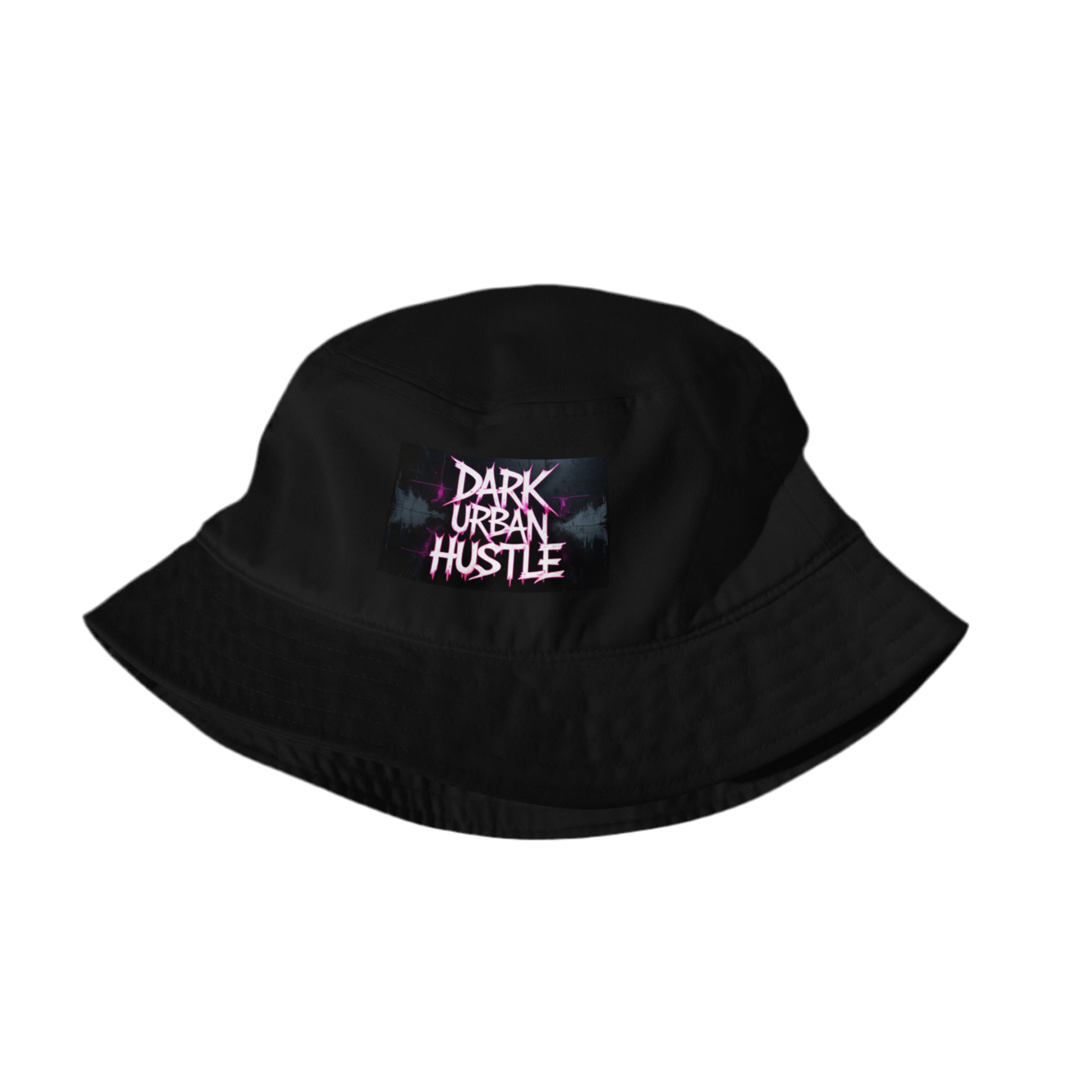 Dark Urban Hustle bucket hat in organic cotton with premium embroidery, designed for unisex streetwear enthusiasts.