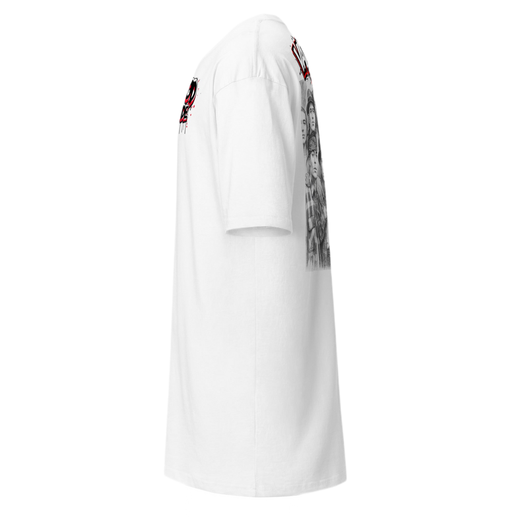 White heavyweight cotton tee with bold black and red graffiti text ‘Vatos Locos Forever – Blood in Blood Out Worldwide’ inspired by 90s cult movie