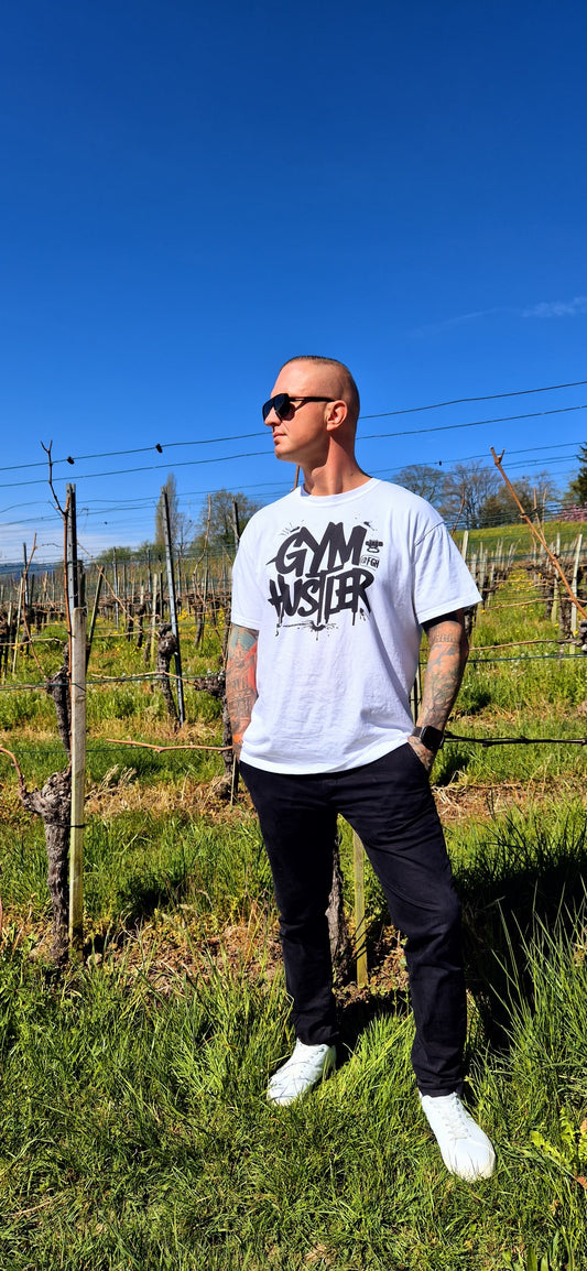 White Beastmode Gym Hustler T-shirt in premium heavyweight cotton, designed for intense workouts.