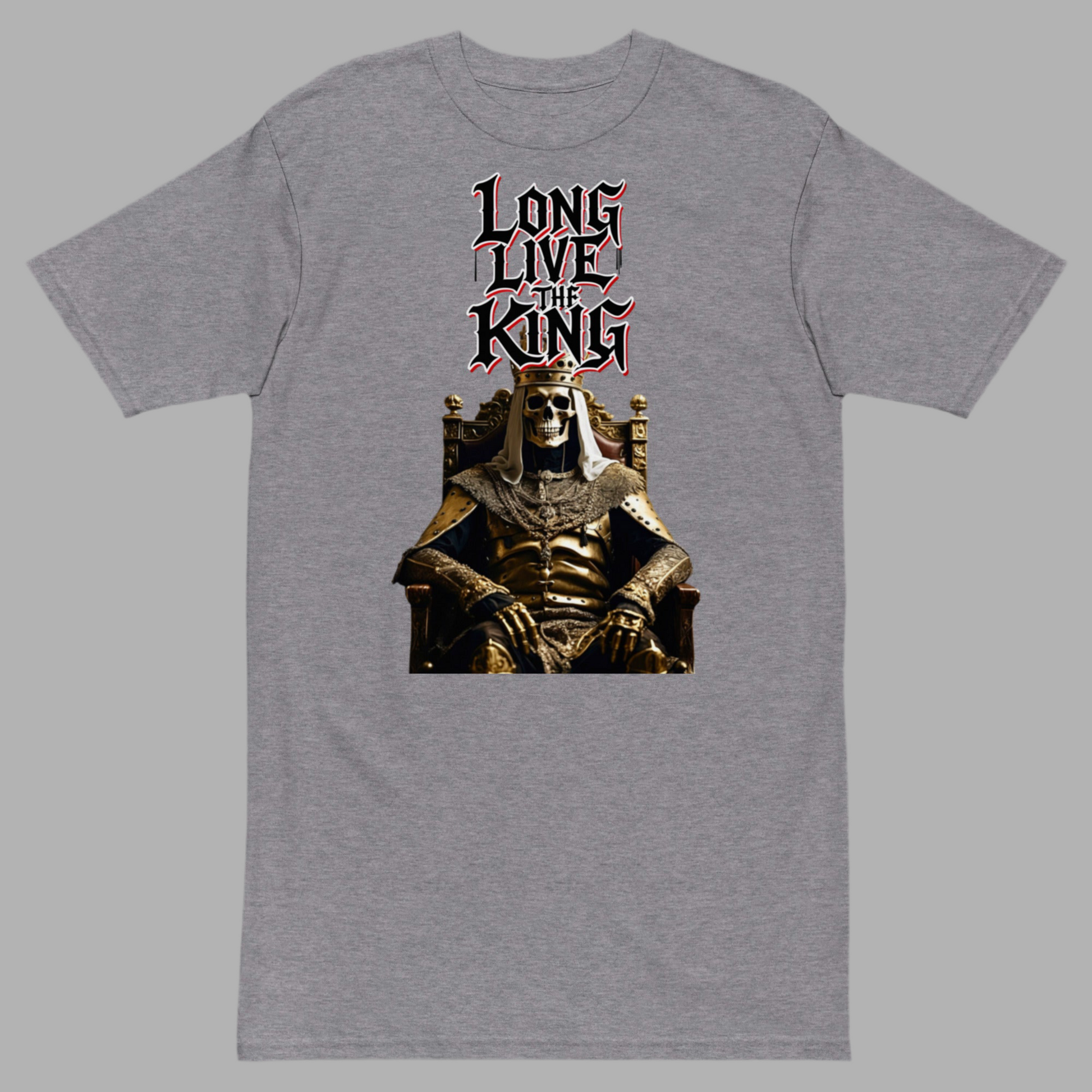 White premium t-shirt featuring gothic-style artwork of a golden skeleton king sitting on a throne with the graffiti slogan “Long Live The King” in bold red, white and black lettering