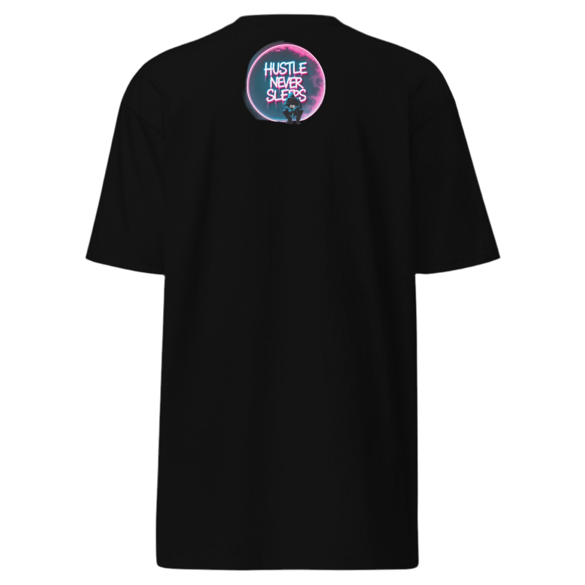 Hustle Never Sleeps T-shirt in heavyweight cotton with graffiti print, urban streetwear by FGH Collective.