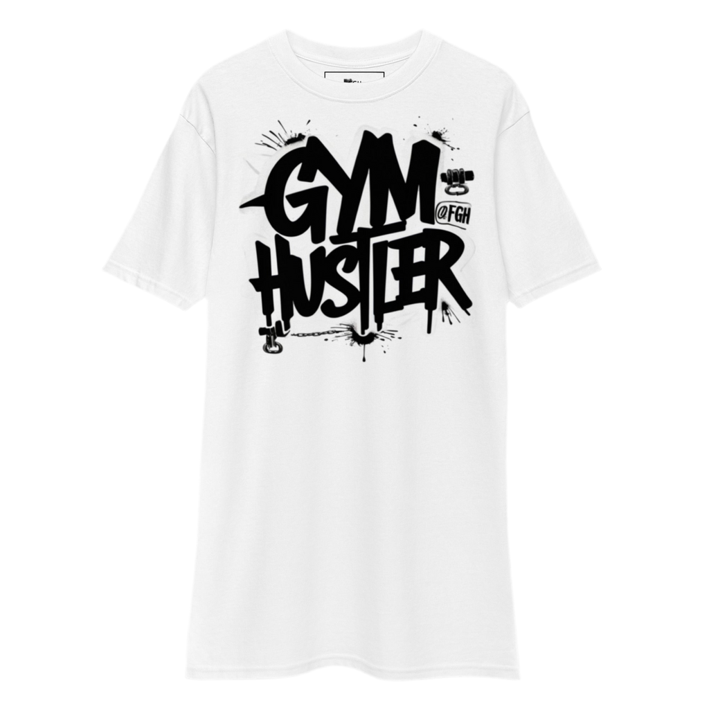 Premium white Gym Hustler T-shirt with bold Beastmode bear backprint and street-art style front tag – heavyweight unisex cotton fit