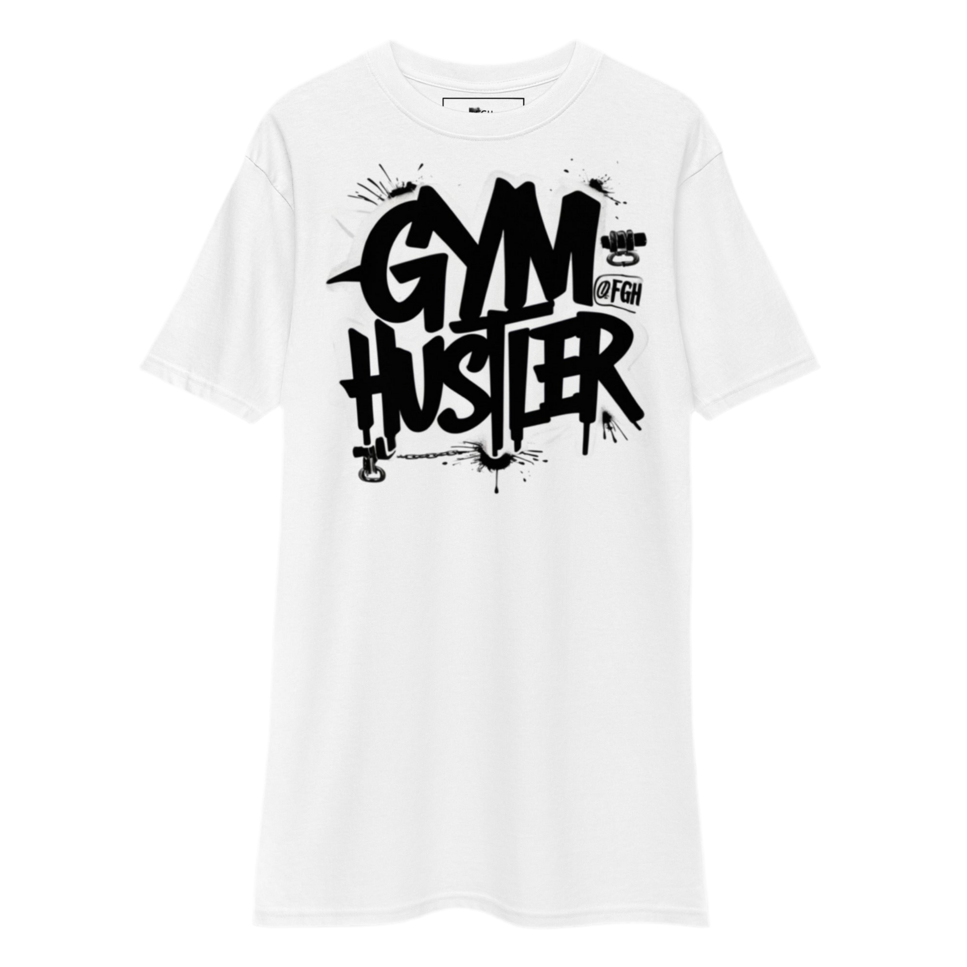 Premium white Gym Hustler T-shirt with bold Beastmode bear backprint and street-art style front tag – heavyweight unisex cotton fit