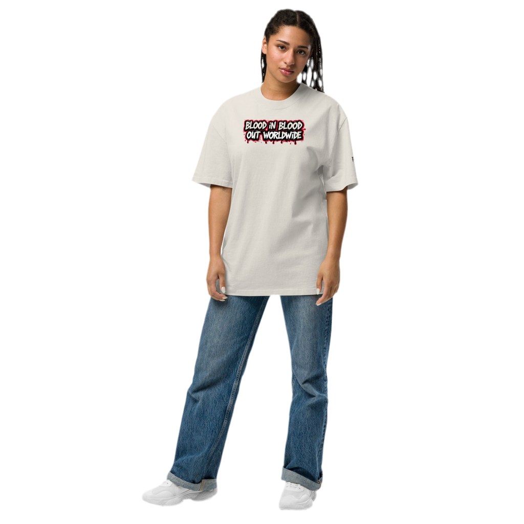 Beige oversized faded cotton t-shirt with backprint ‘Vatos Locos Forever – Blood in Blood Out Worldwide’ inspired by 90s cult streetwear