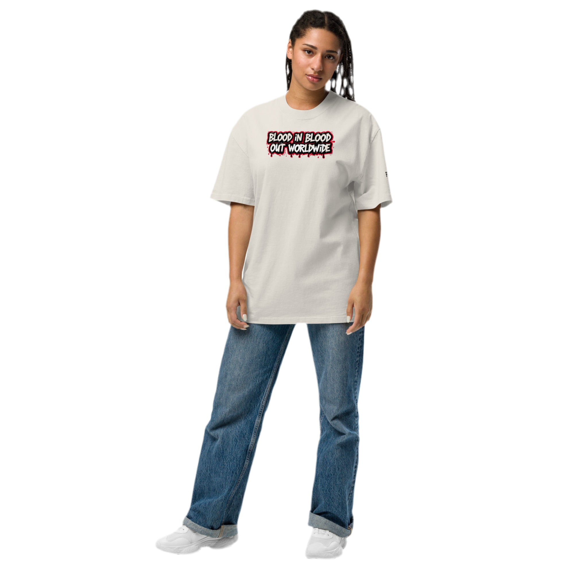 Beige oversized faded cotton t-shirt with backprint ‘Vatos Locos Forever – Blood in Blood Out Worldwide’ inspired by 90s cult streetwear