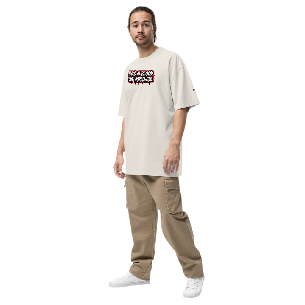Beige oversized faded cotton t-shirt with backprint ‘Vatos Locos Forever – Blood in Blood Out Worldwide’ inspired by 90s cult streetwear