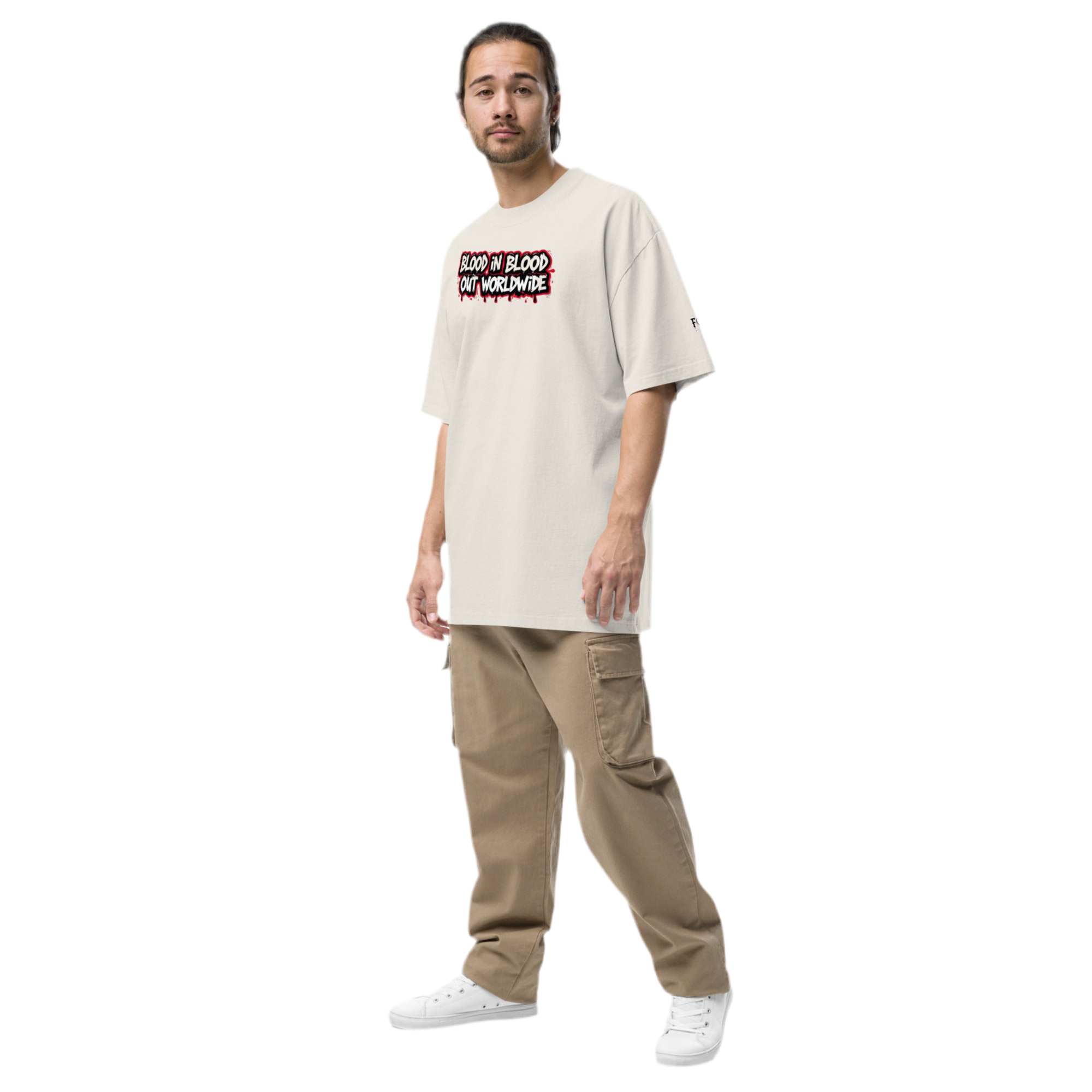 Beige oversized faded cotton t-shirt with backprint ‘Vatos Locos Forever – Blood in Blood Out Worldwide’ inspired by 90s cult streetwear