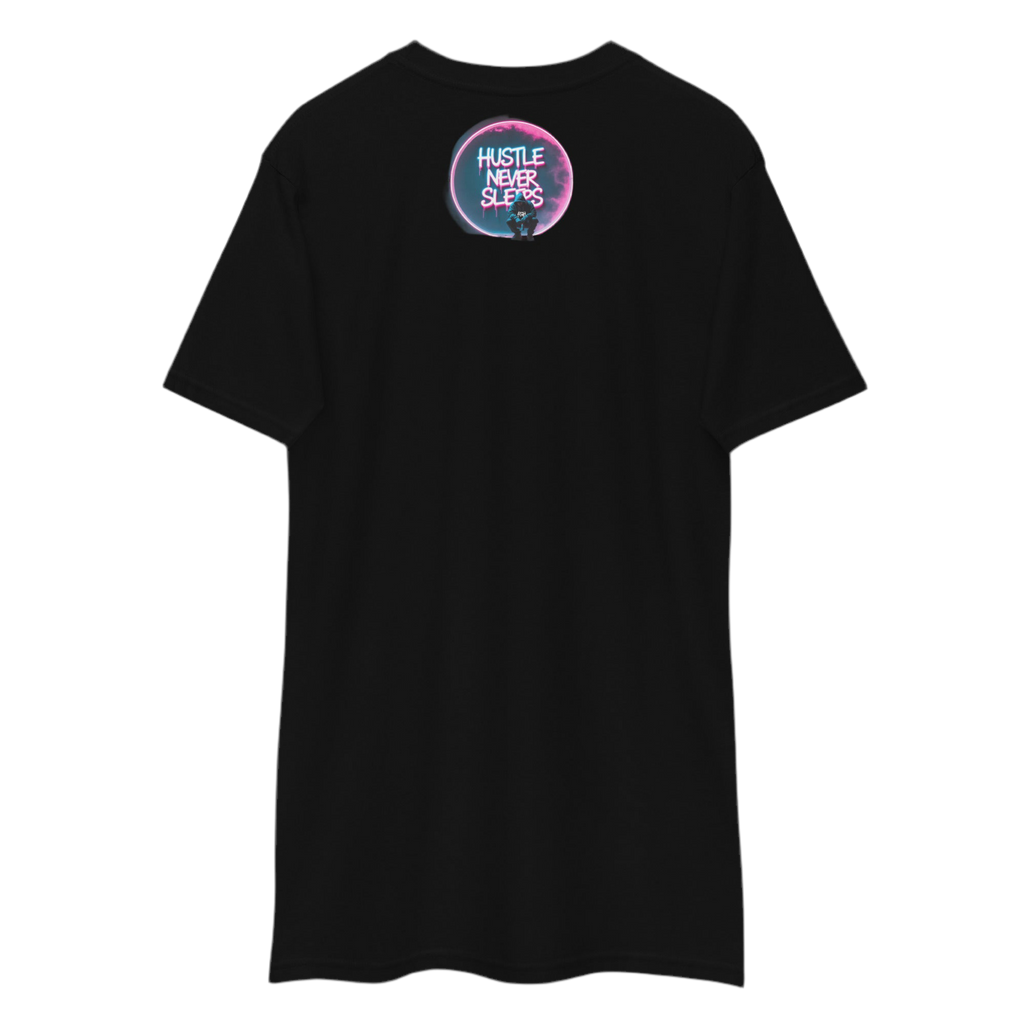 Hustle Never Sleeps T-shirt in heavyweight cotton with graffiti print, urban streetwear by FGH Collective.