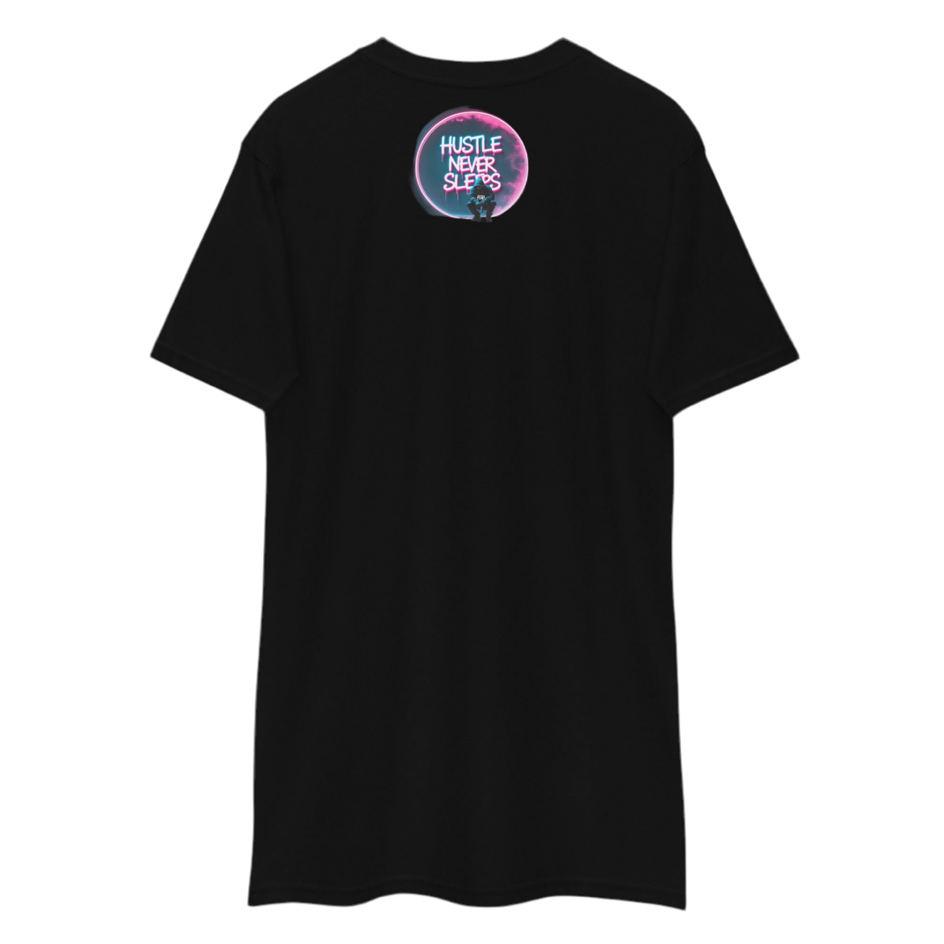 Hustle Never Sleeps T-shirt in heavyweight cotton with graffiti print, urban streetwear by FGH Collective.