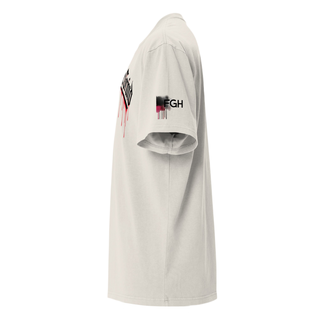 Oversized unisex “Hustle To the Grind” T-shirt in faded white, showcasing urban graffiti streetwear design.