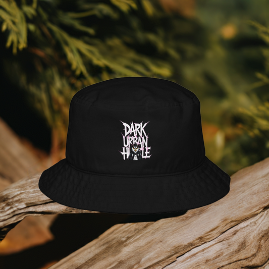 Dark Urban Hustle bucket hat in organic cotton with premium embroidery, designed for unisex streetwear enthusiasts.