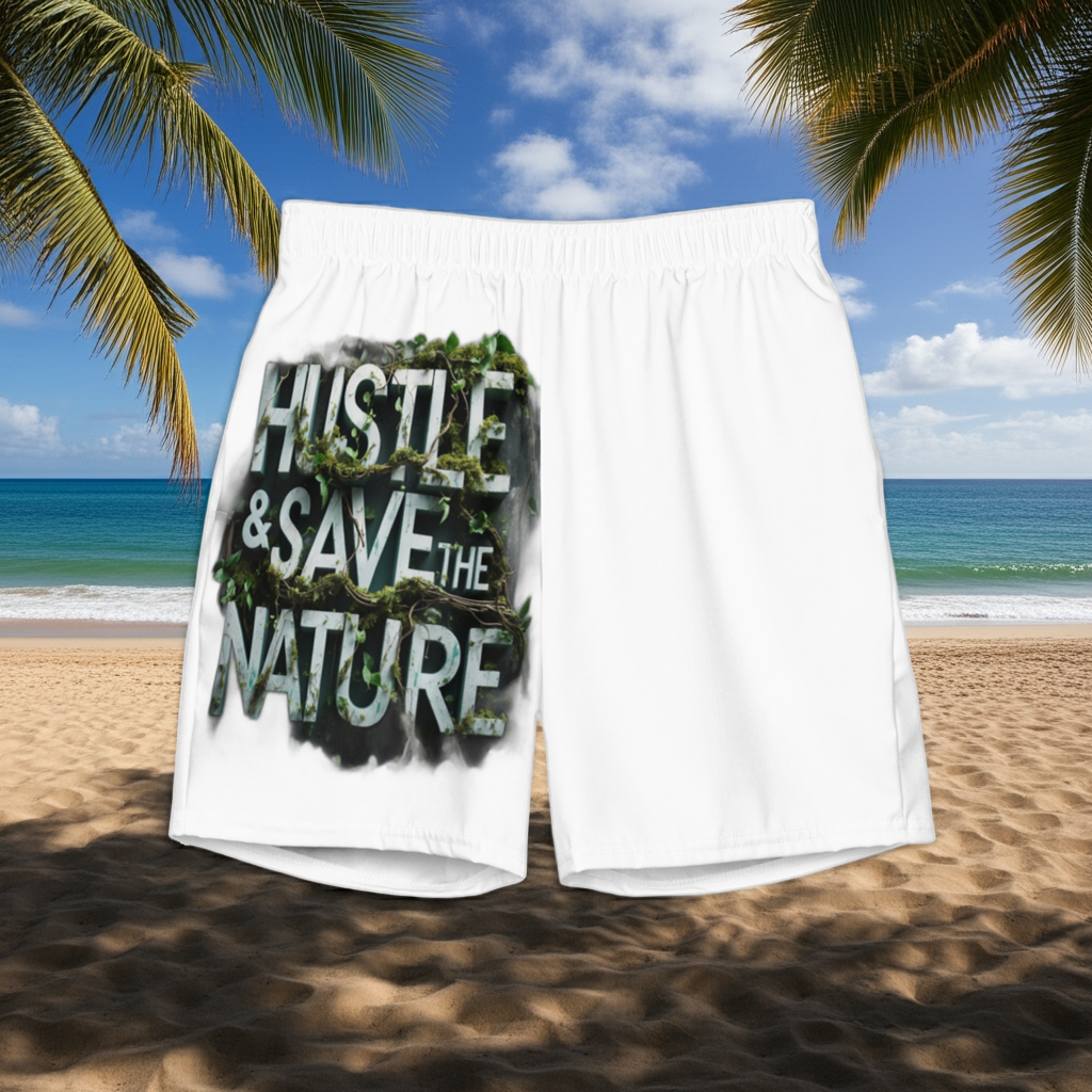 Recycled swim trunks with “Hustle and Save Nature” slogan, eco-friendly beach shorts for hustlers.