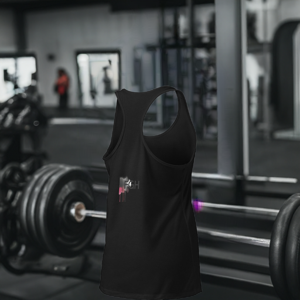Fitted black racerback tank top with bold pink graffiti embroidery reading ‘GYM QUEEN’, displayed in a gym environment – premium athletic streetwear for women by FGH