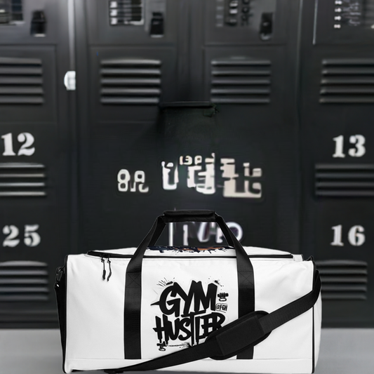 FGH Premium Gym & Fitness duffle bag in white with bold graffiti design, Hustle Edition.