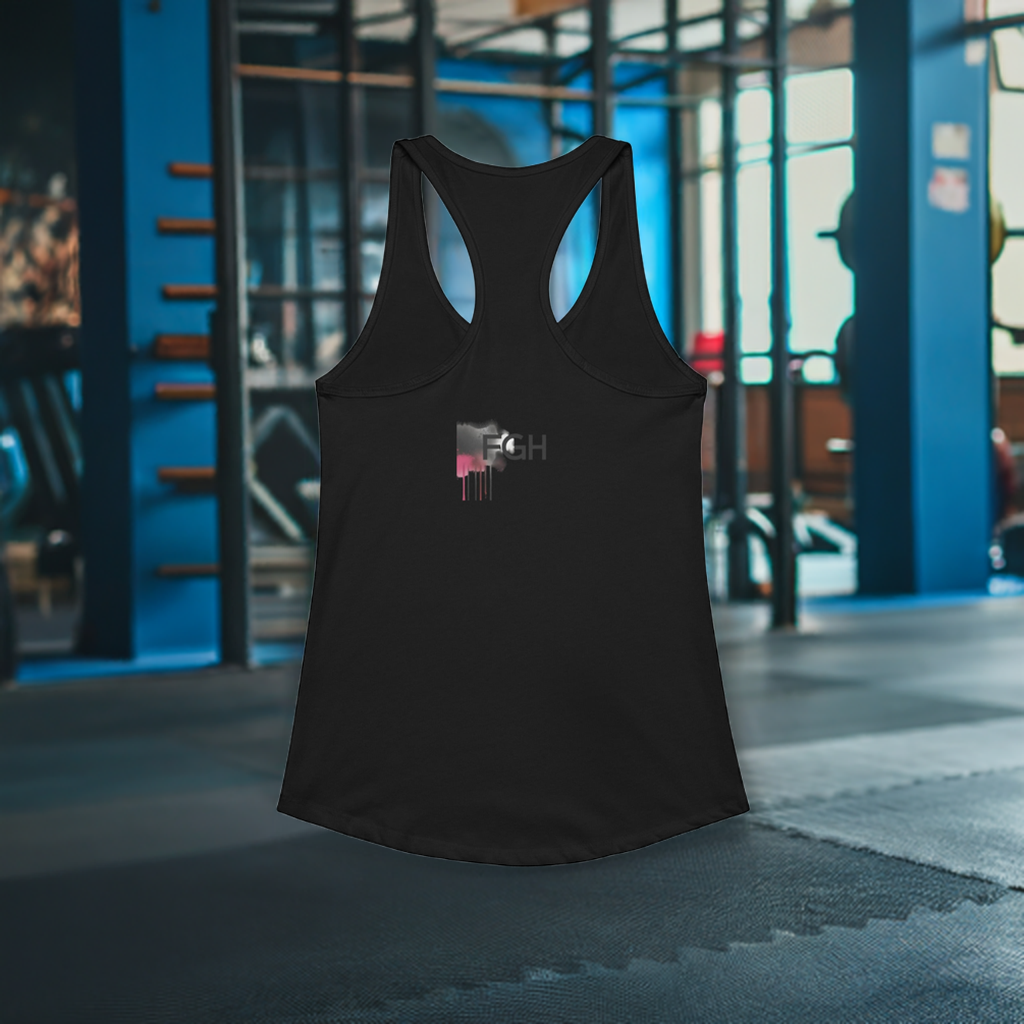 Fitted black racerback tank top with bold pink graffiti embroidery reading ‘GYM QUEEN’, displayed in a gym environment – premium athletic streetwear for women by FGH