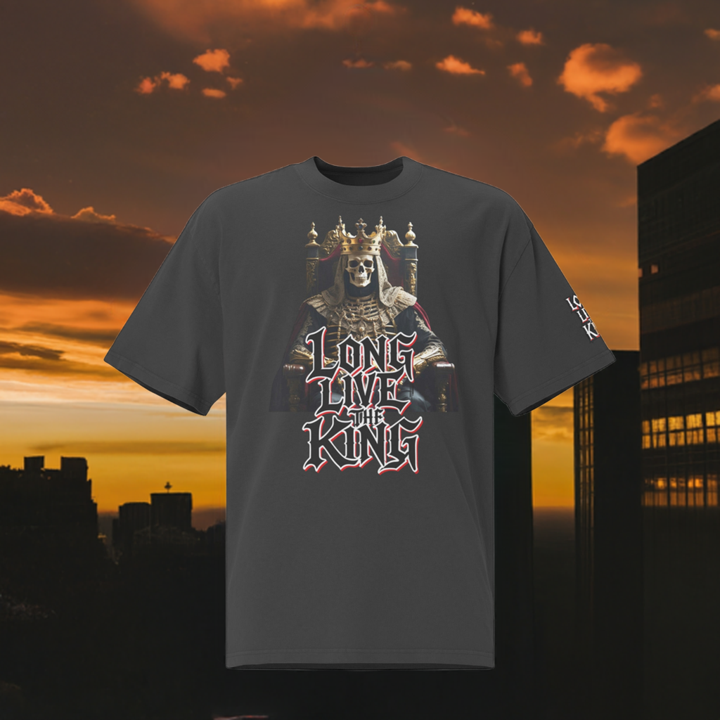 Front view of oversized gothic-style t-shirt featuring a crowned skeleton king on a throne with the graffiti text “Long Live The King” in red, white, and black