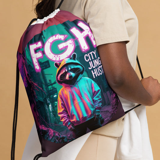 FGH Jungle Hustle drawstring bag with neon graffiti style, urban gym accessory.
