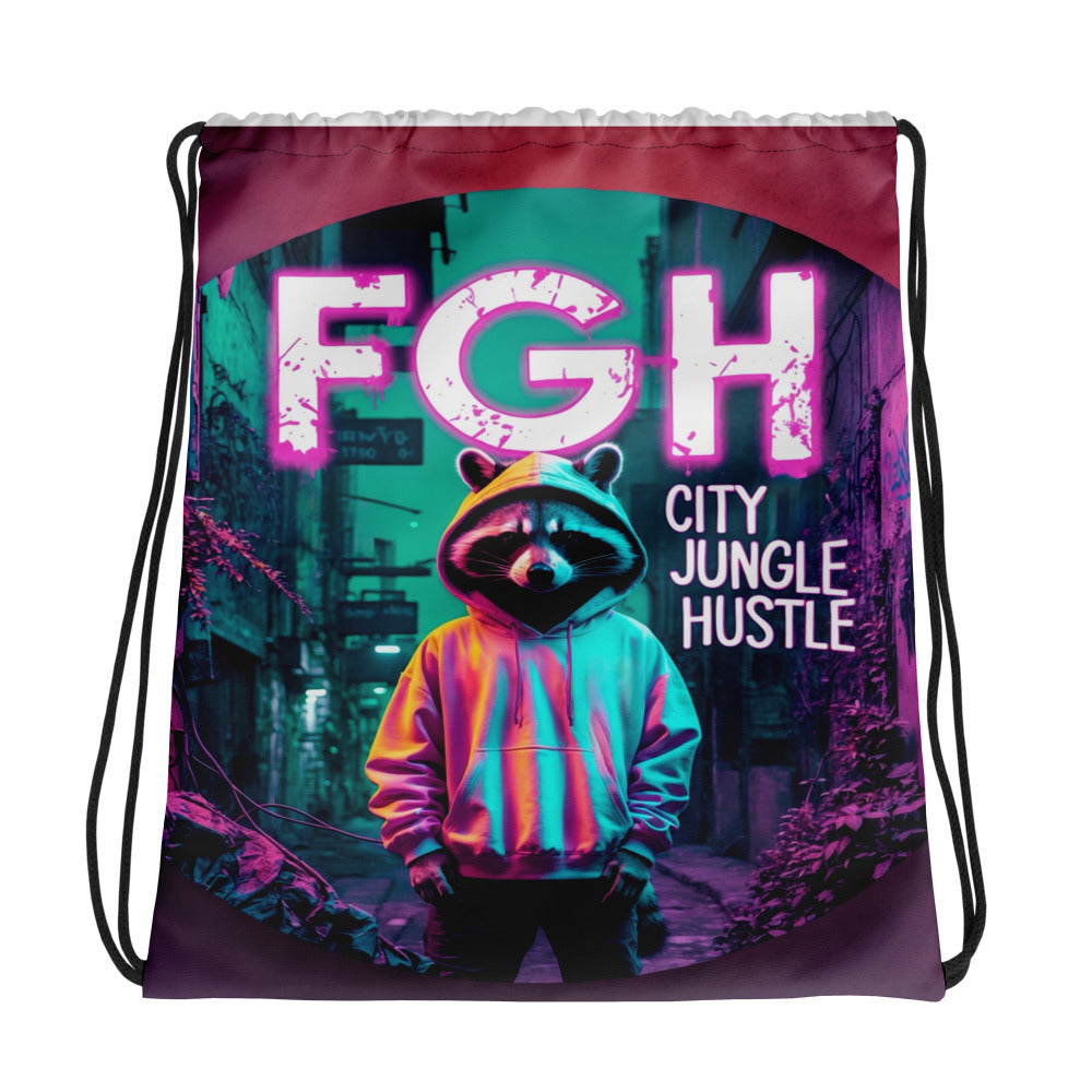 FGH Jungle Hustle drawstring bag with neon graffiti style, urban gym accessory.
