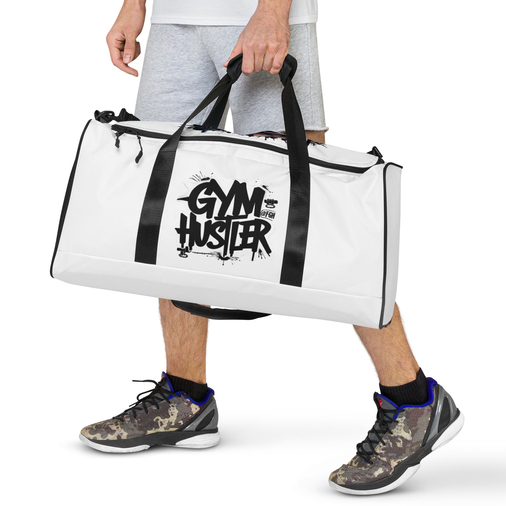 FGH Premium Gym & Fitness duffle bag in white with bold graffiti design, Hustle Edition.