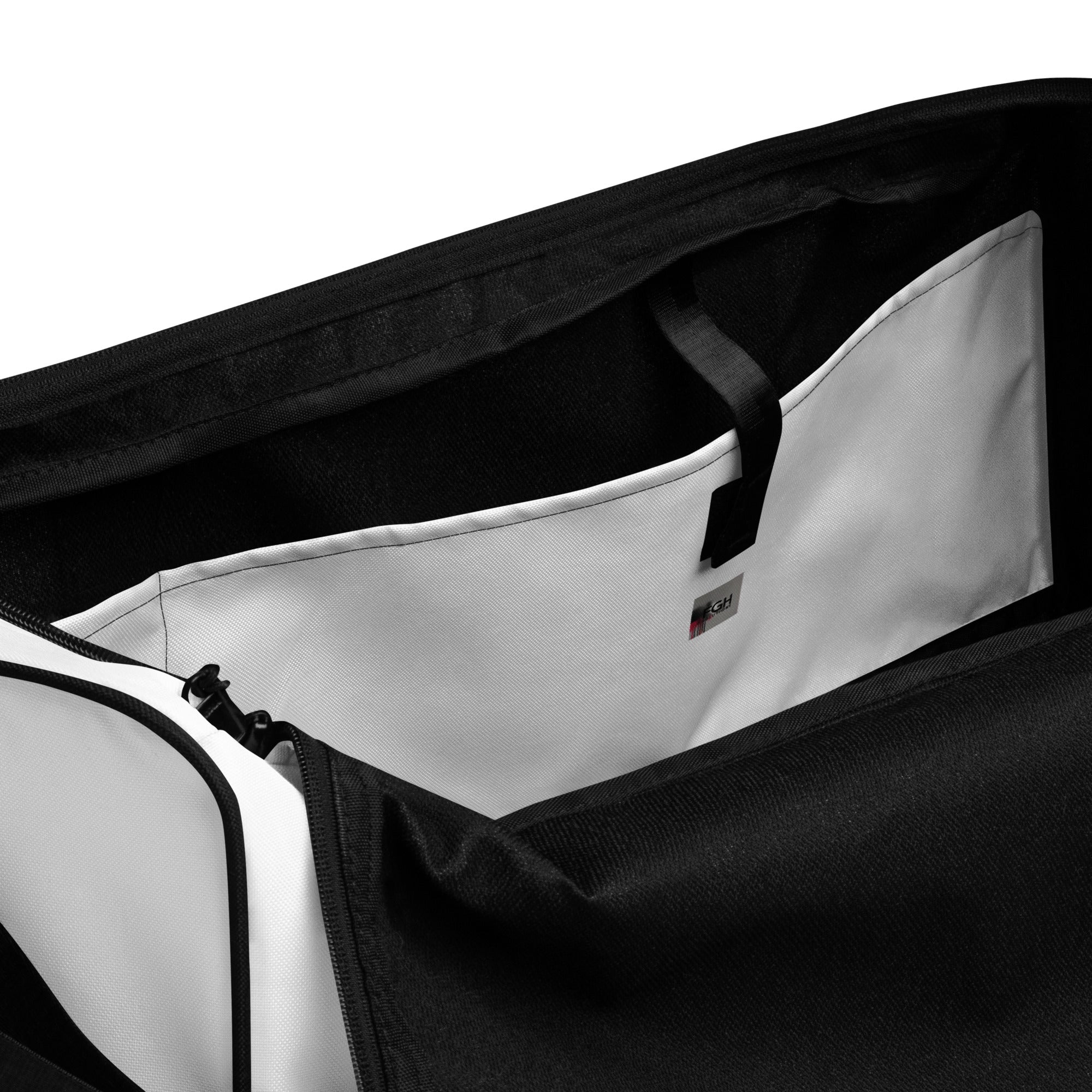 FGH Premium Gym & Fitness duffle bag in white with bold graffiti design, Hustle Edition.