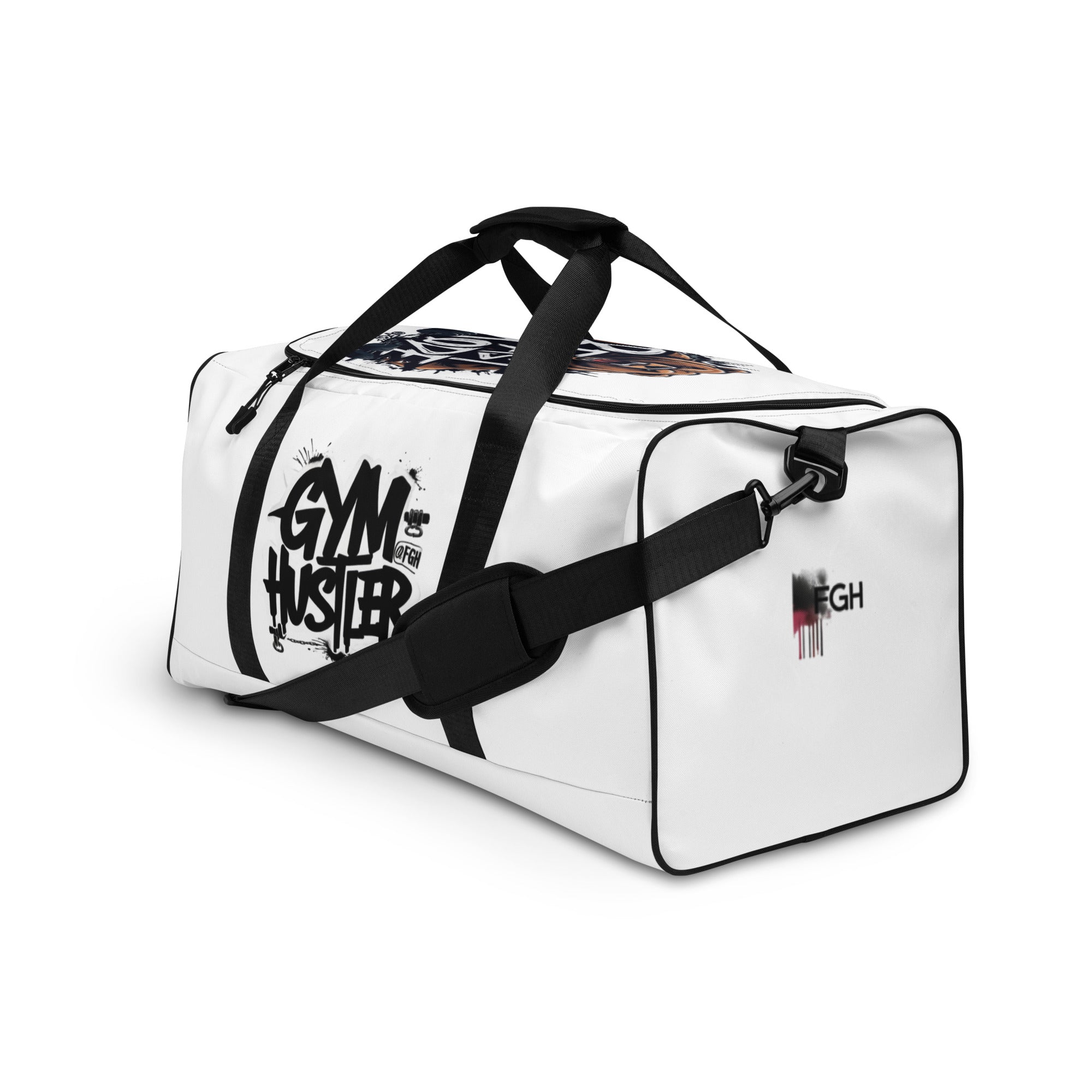FGH Premium Gym & Fitness duffle bag in white with bold graffiti design, Hustle Edition.
