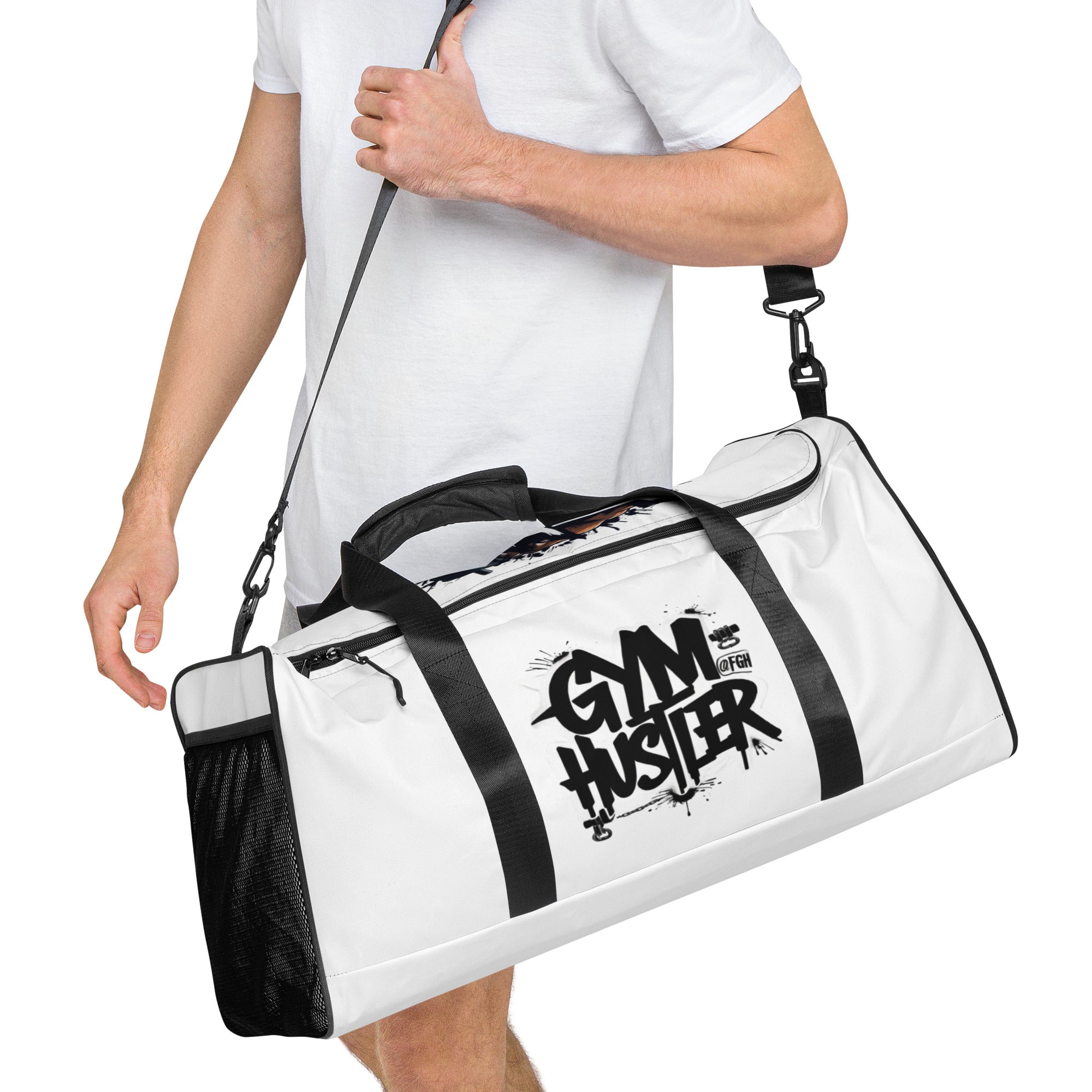 FGH Premium Gym & Fitness duffle bag in white with bold graffiti design, Hustle Edition.