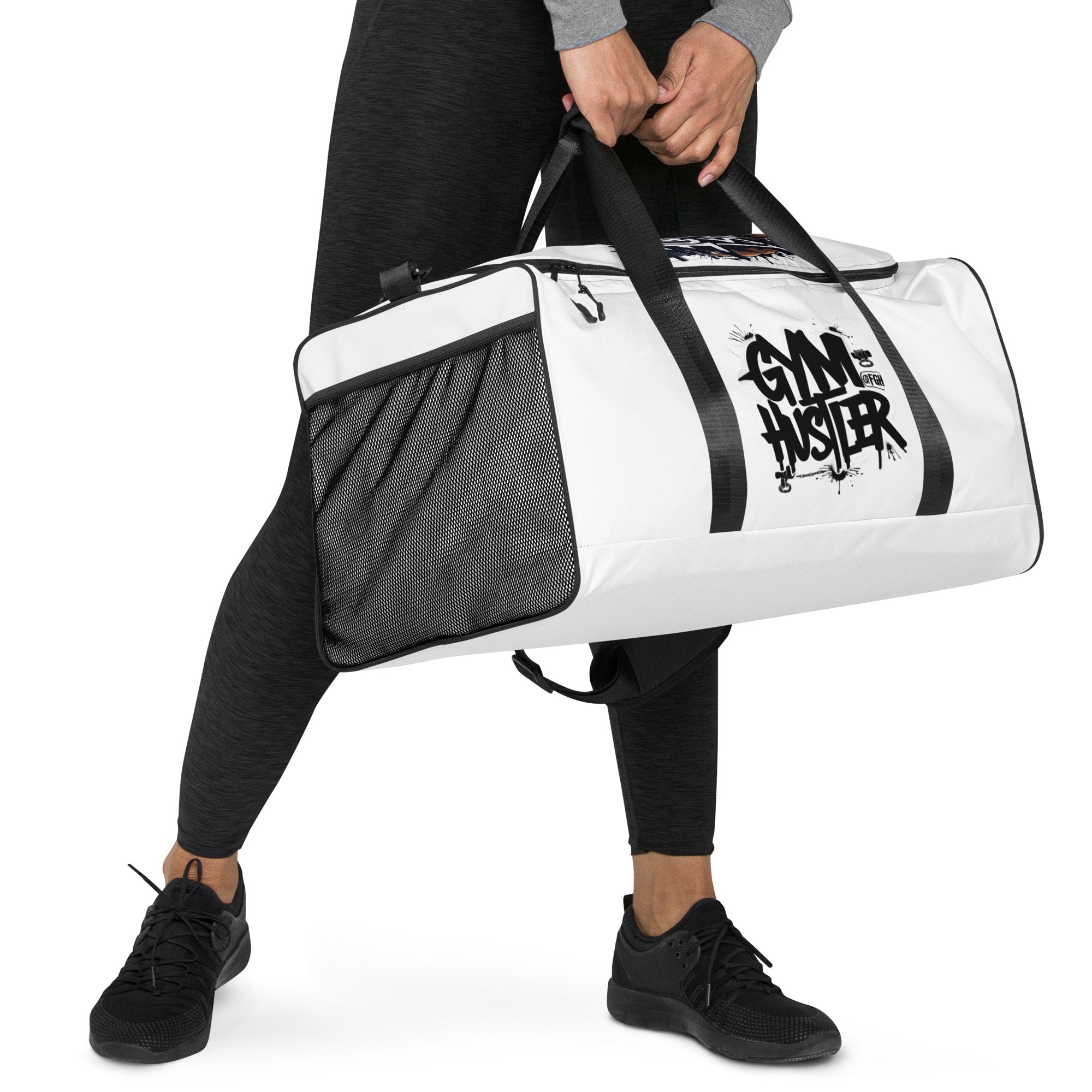 FGH Premium Gym & Fitness duffle bag in white with bold graffiti design, Hustle Edition.
